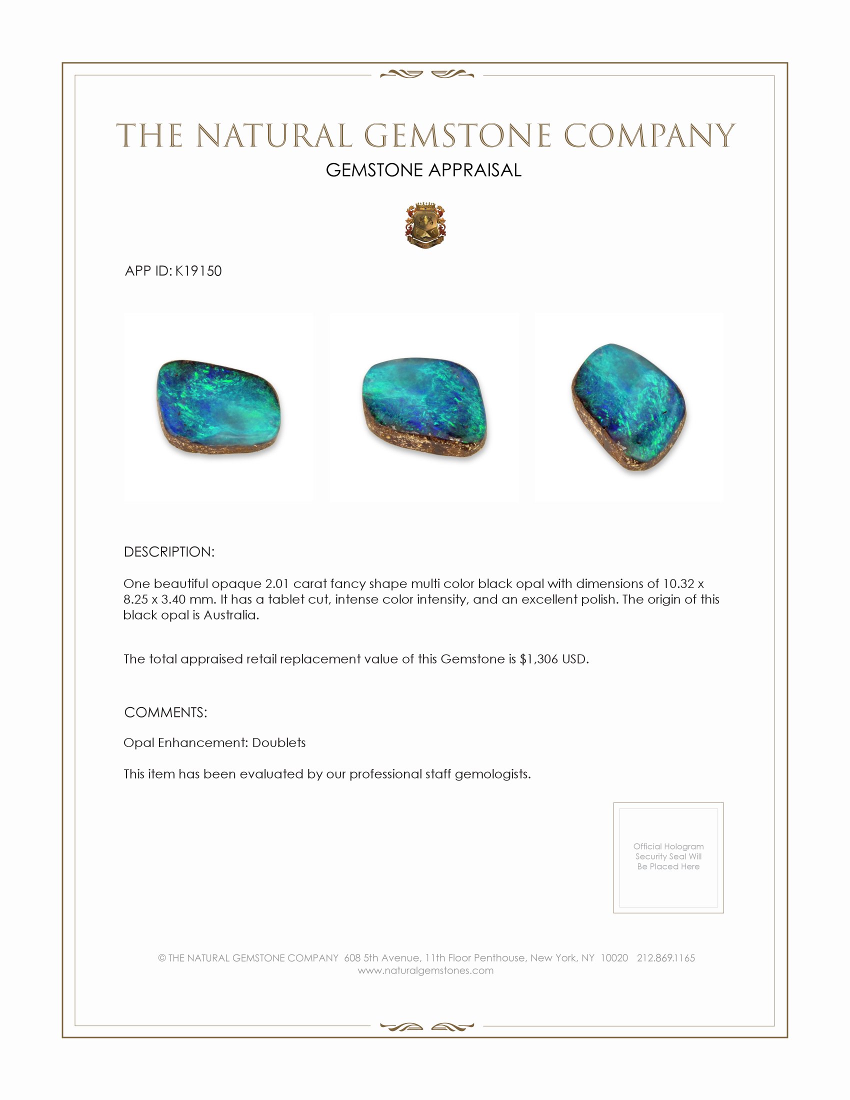 2.01 Ct. Black Opal from Australia