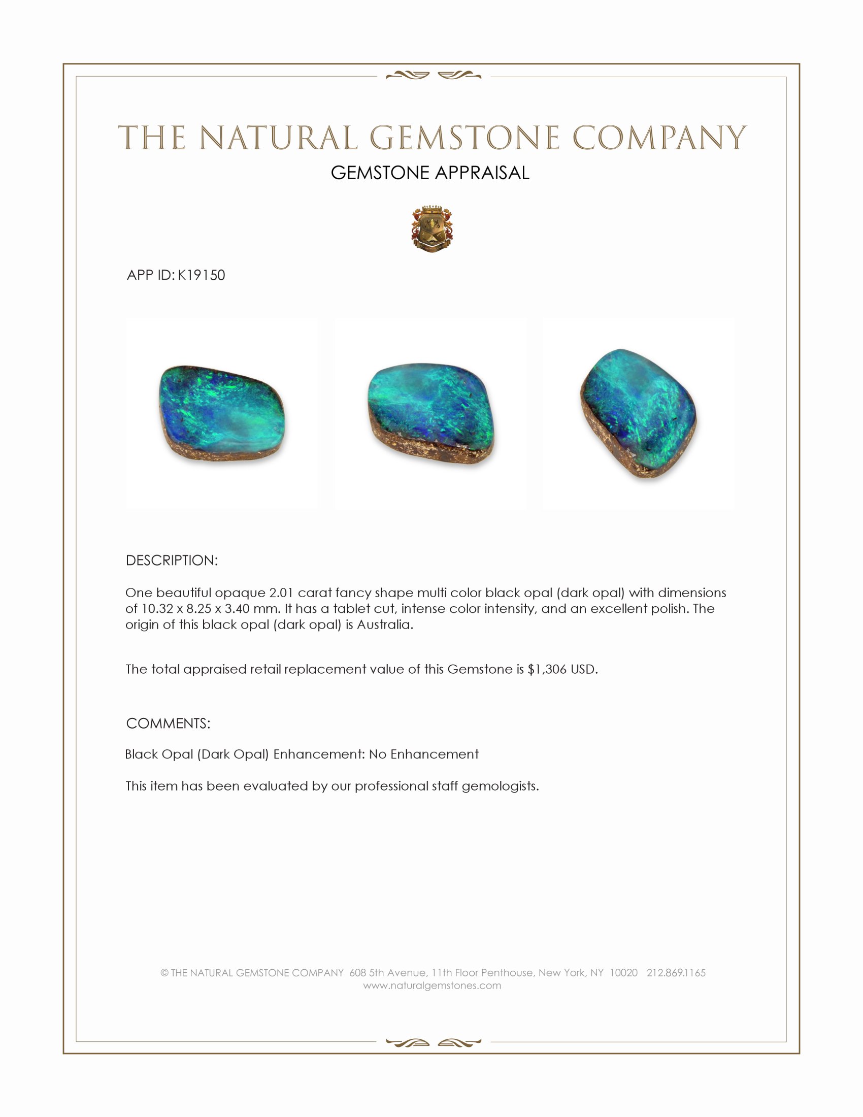2.01 Ct. Multi Color Black Opal (Dark Opal) from Australia