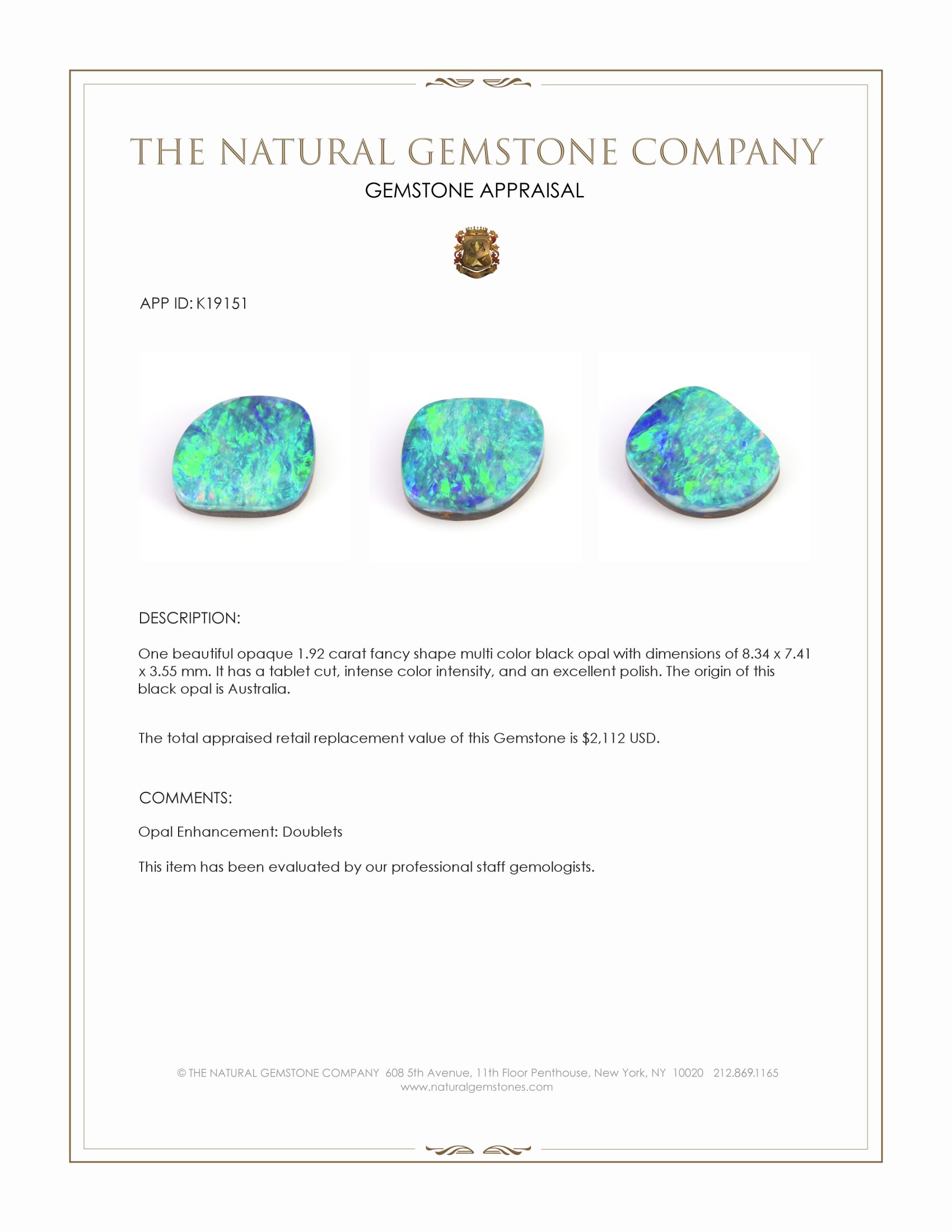 1.92 Ct. Multi Color Black Opal from Australia