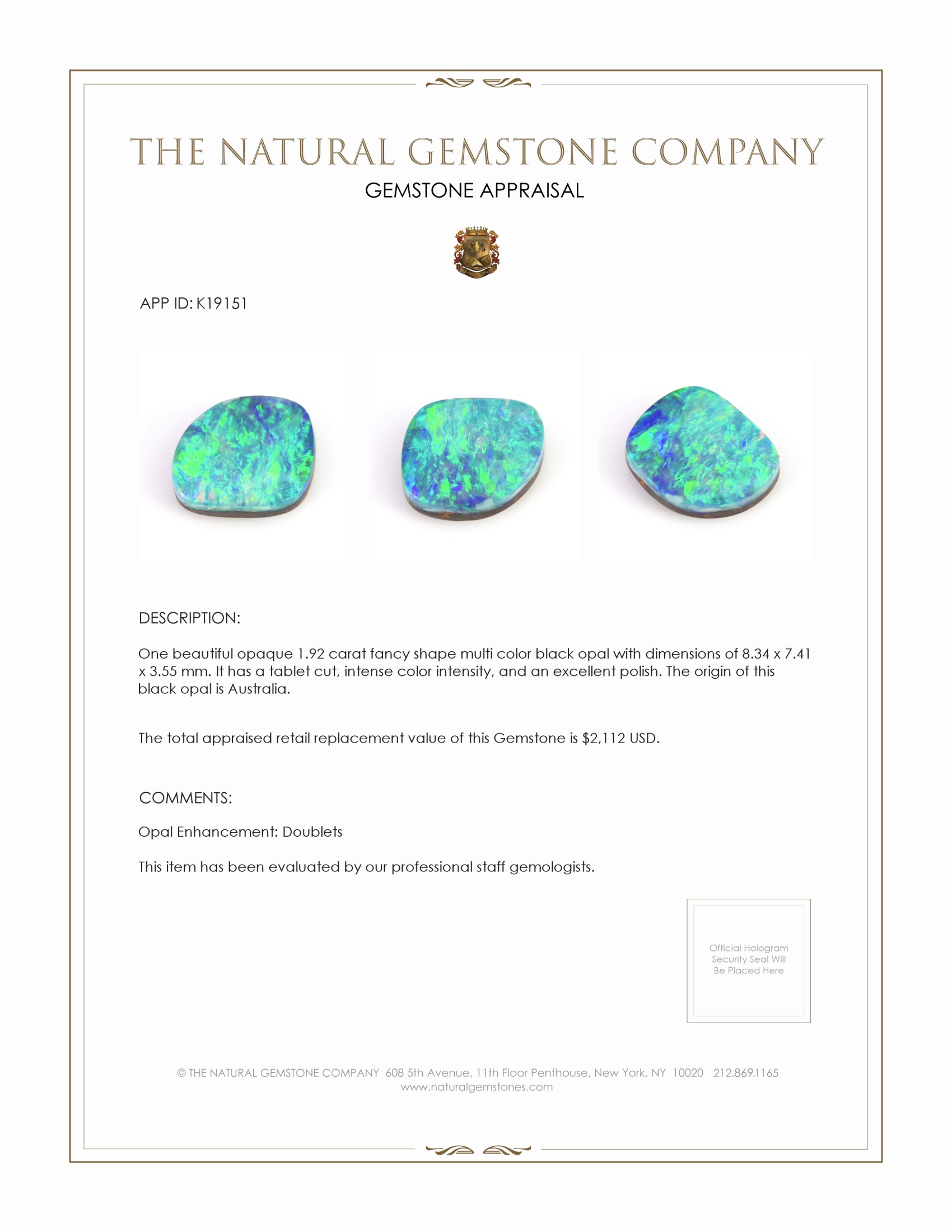1.92 Ct. Black Opal from Australia