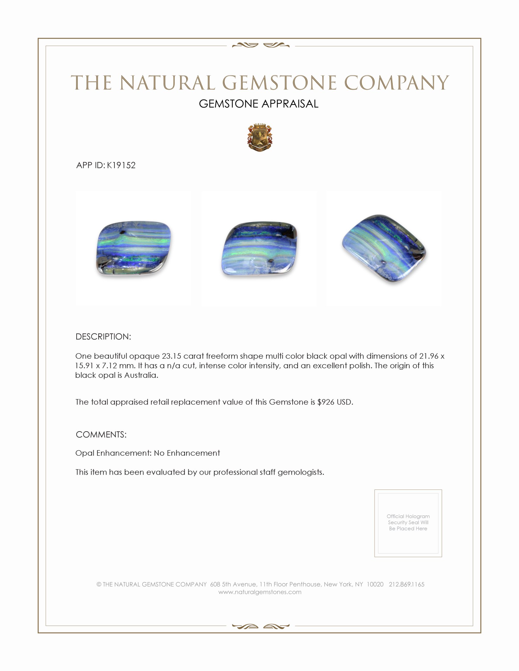 23.15 Ct. Black Opal from Australia