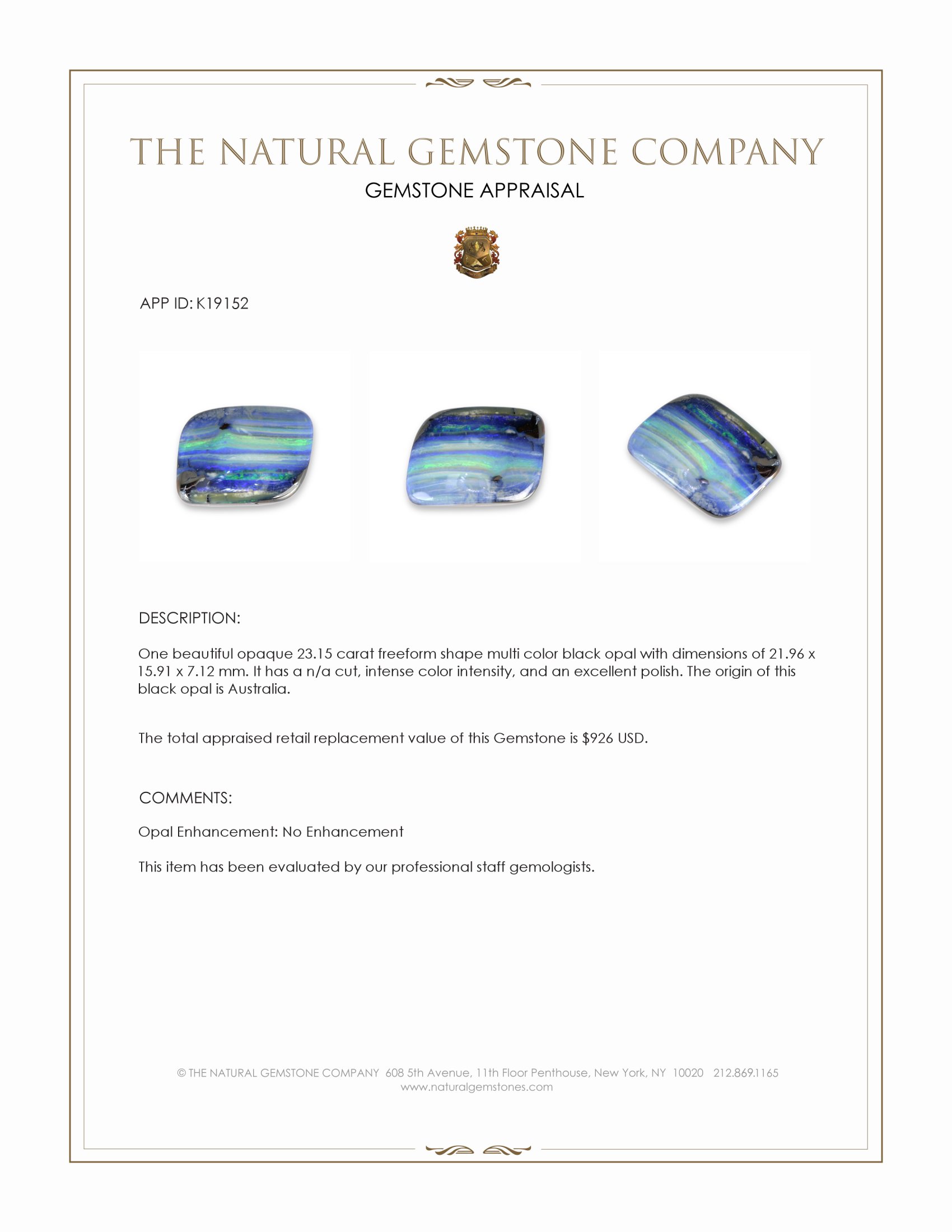 23.15 Ct. Multi Color Black Opal from Australia