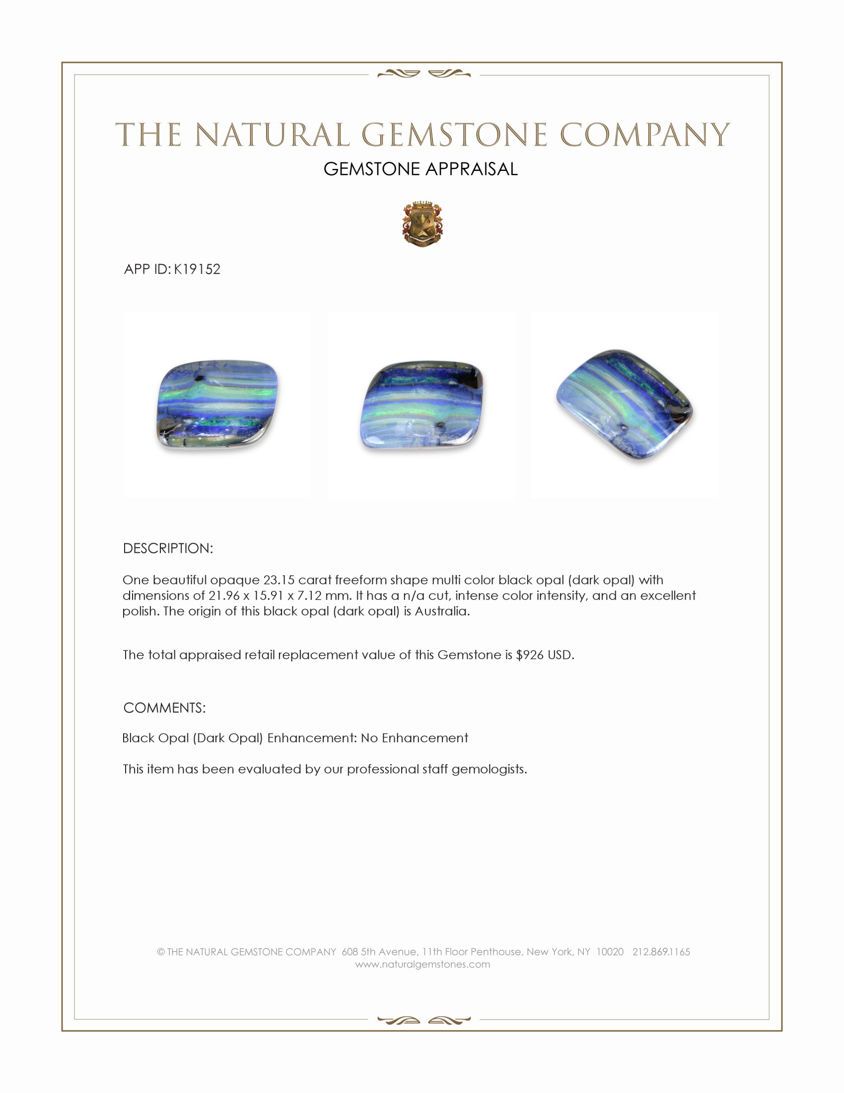 23.15 Ct. Multi Color Black Opal (Dark Opal) from Australia