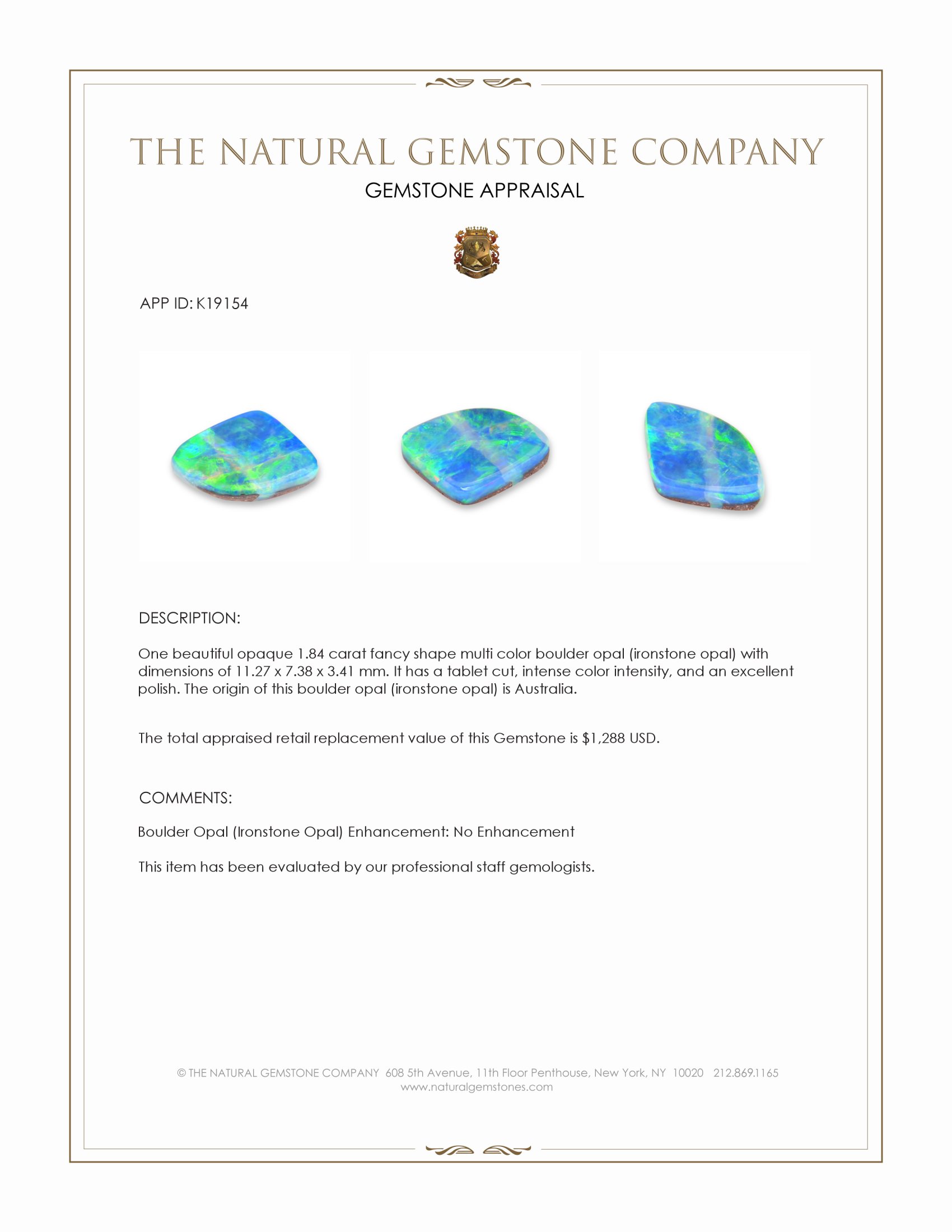 1.84 Ct. Multi Color Boulder Opal (Ironstone Opal) from Australia
