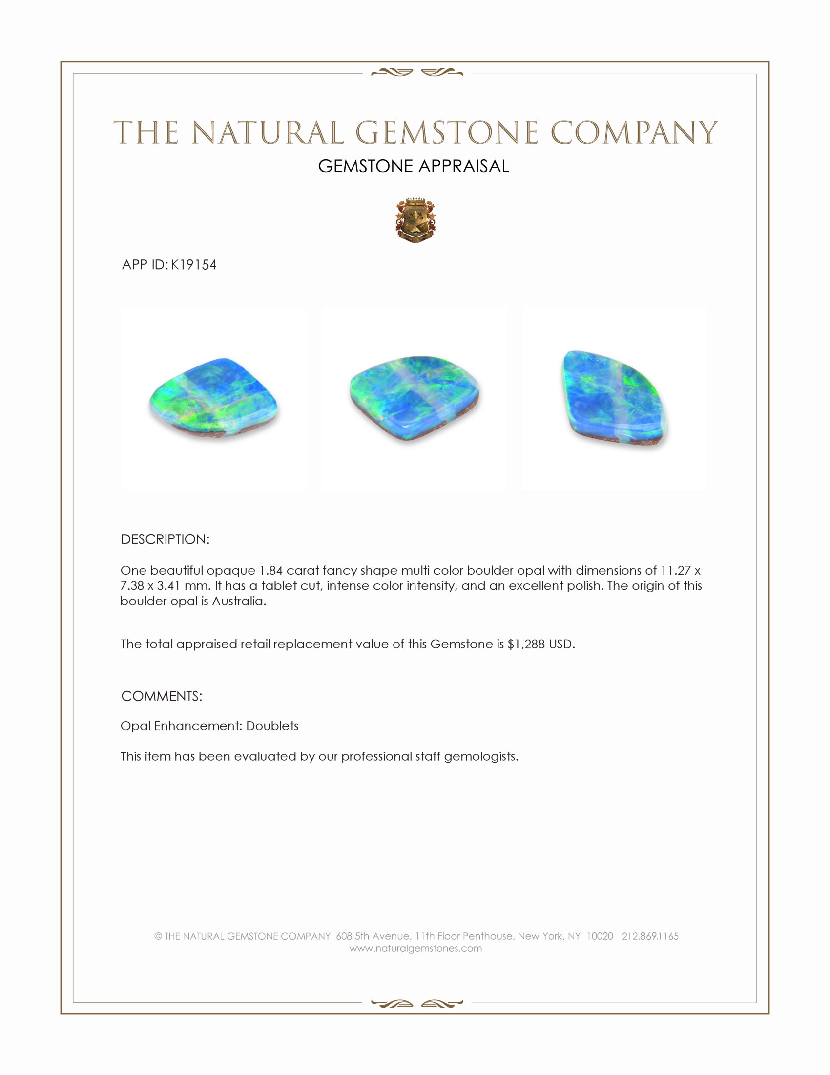 1.84 Ct. Multi Color Boulder Opal from Australia