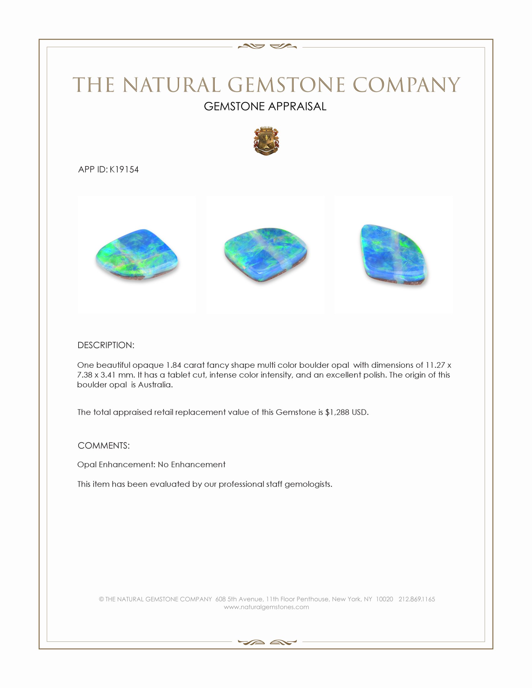 1.84 Ct. Multi Color Boulder Opal (Ironstone Opal) from Australia