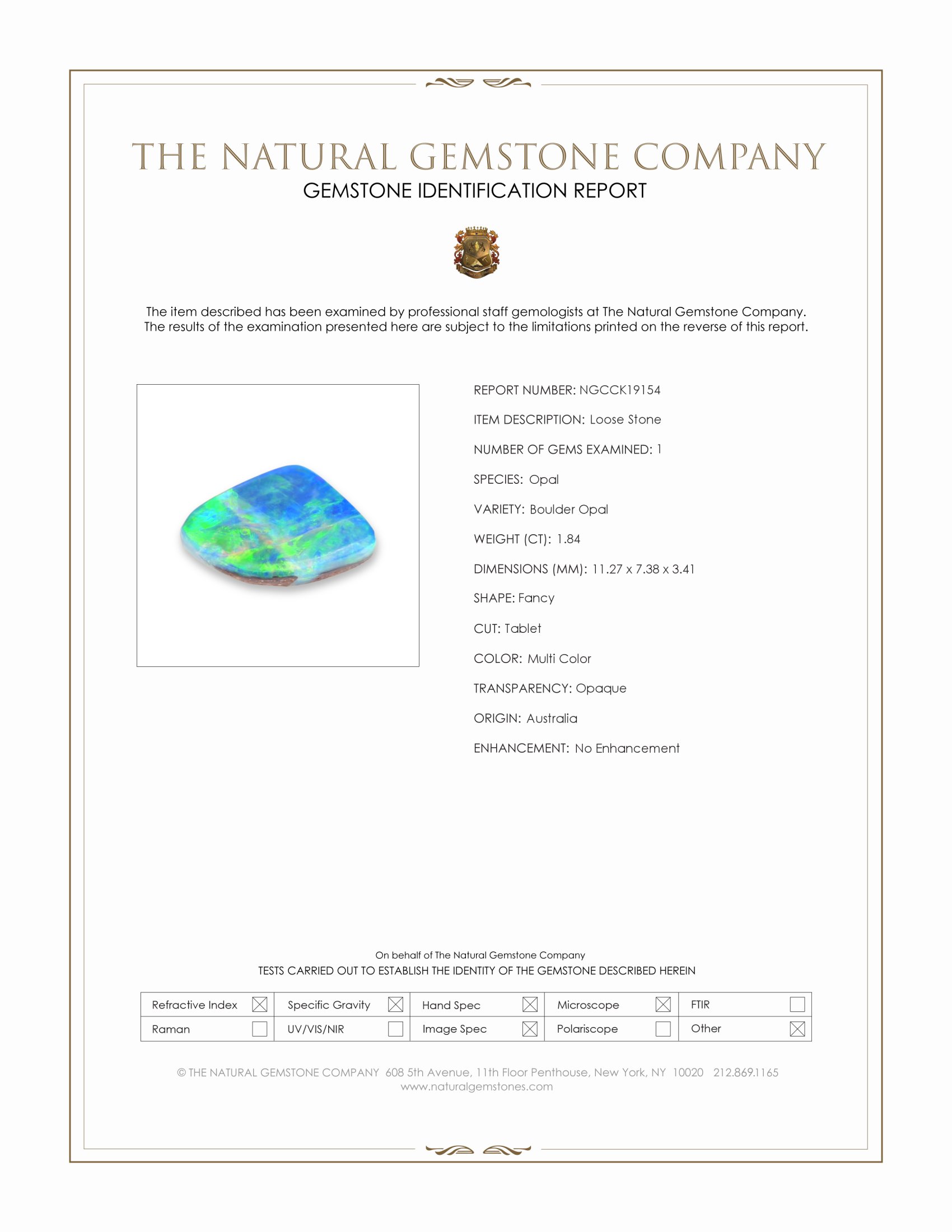 1.84 Ct. Multi Color Boulder Opal (Ironstone Opal) from Australia