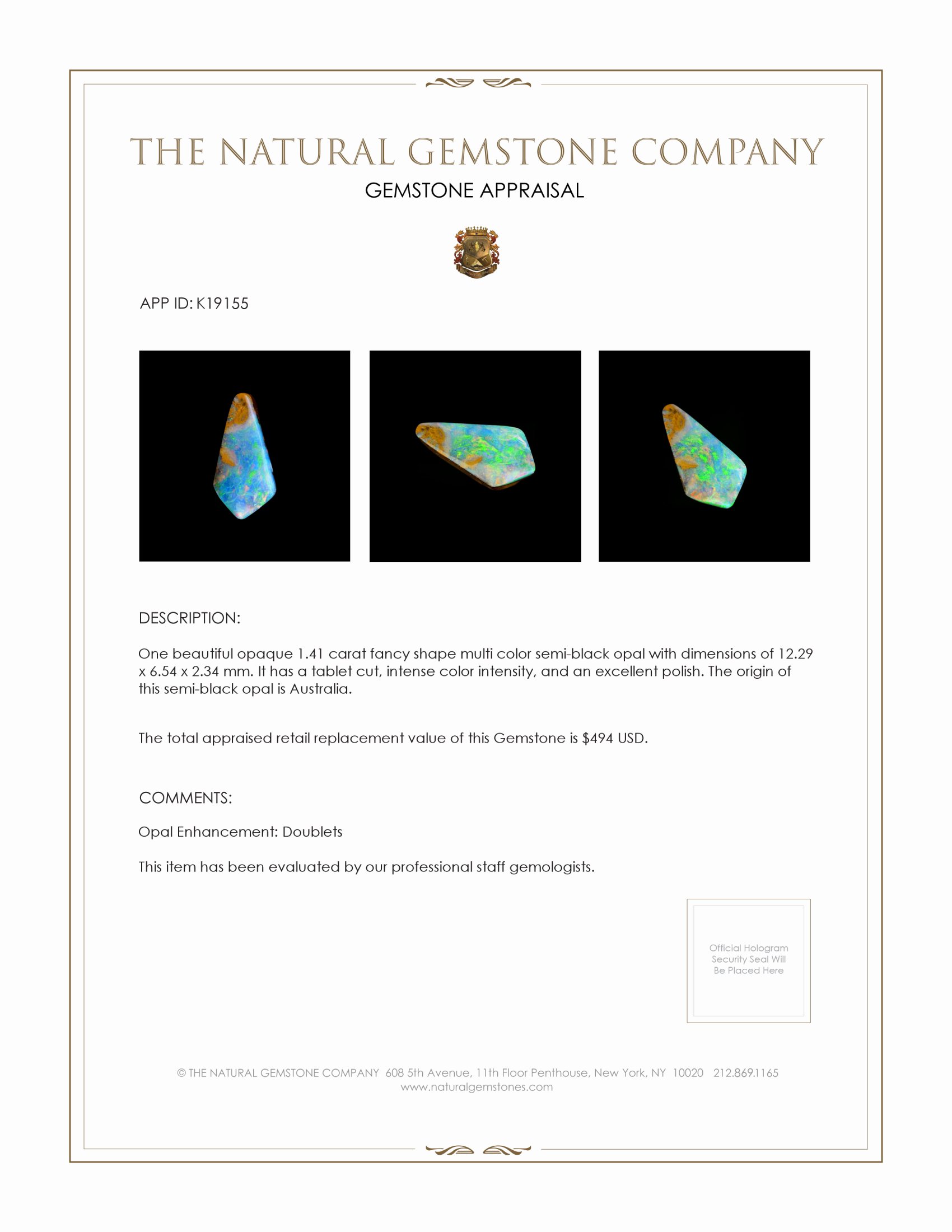 1.41 Ct. Semi-Black Opal from Australia