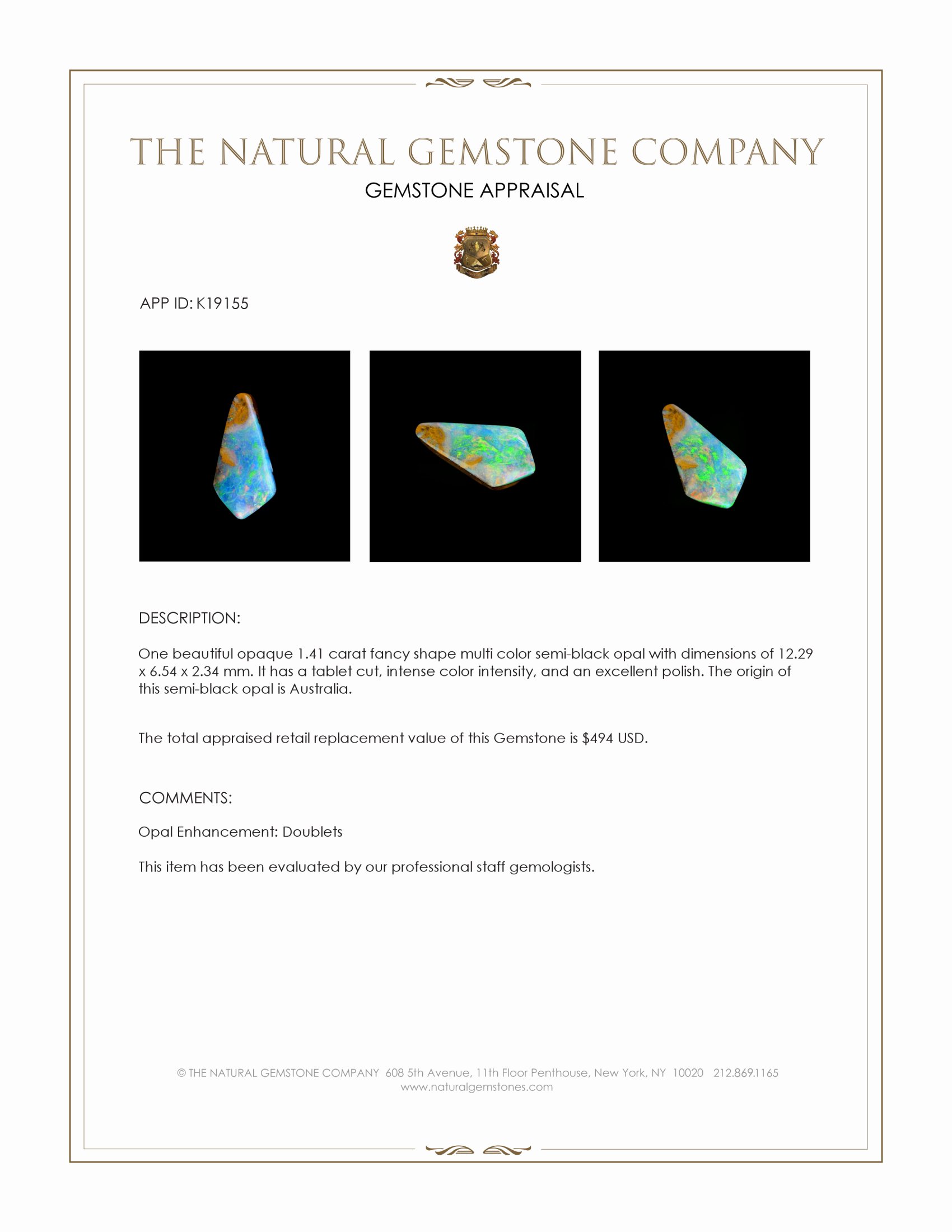 1.41 Ct. Multi Color Semi-Black Opal from Australia