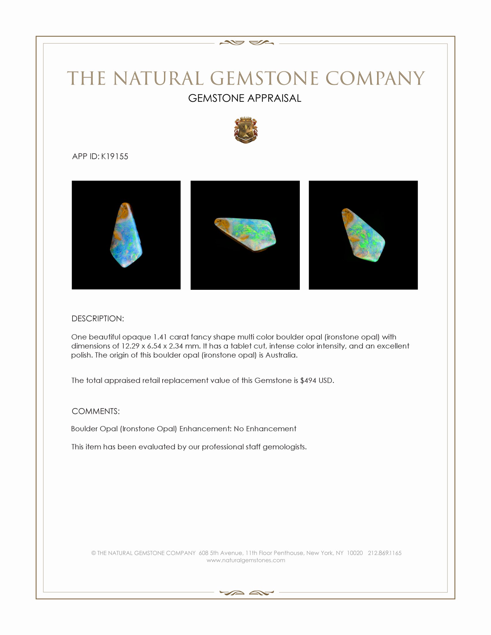 1.41 Ct. Multi Color Boulder Opal (Ironstone Opal) from Australia