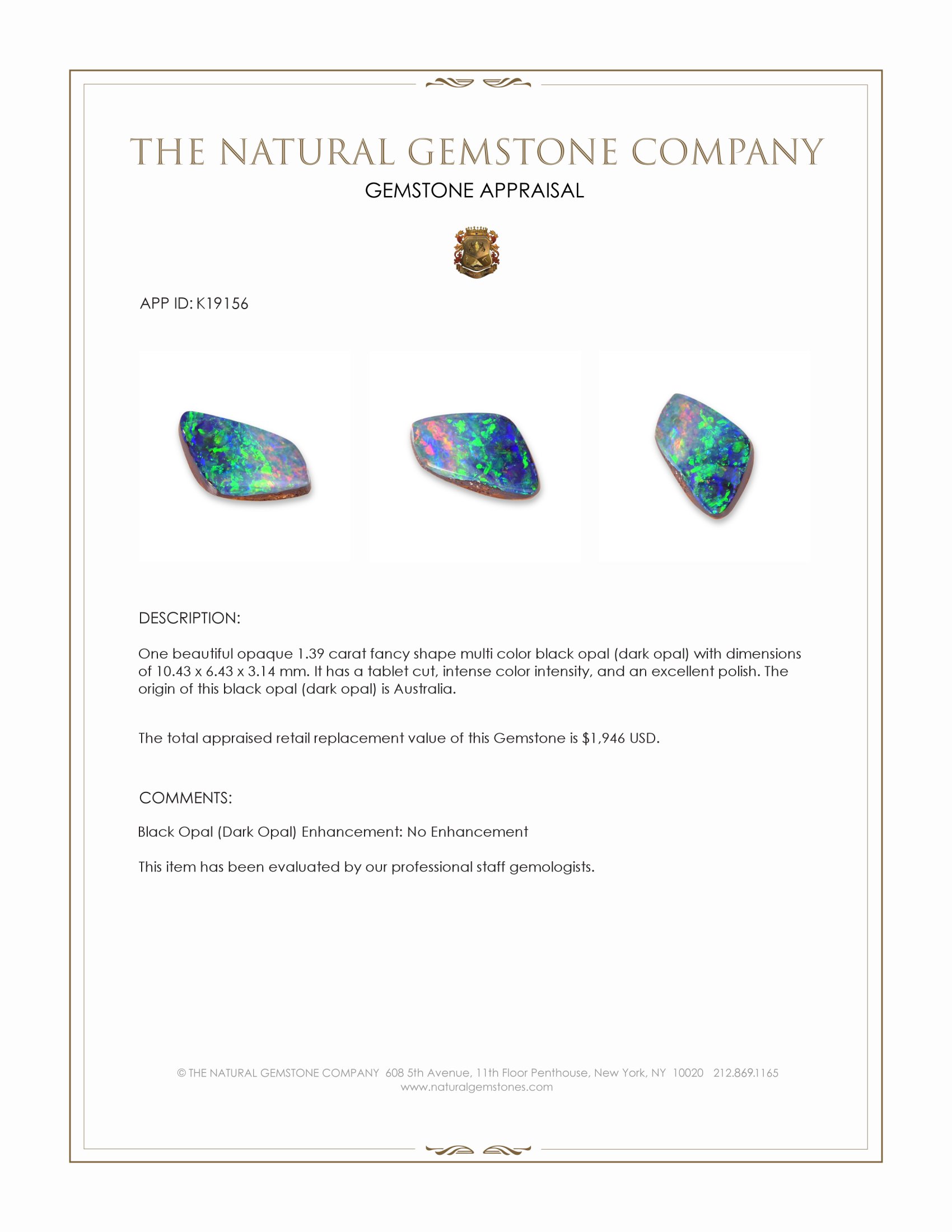1.39 Ct. Multi Color Black Opal (Dark Opal) from Australia