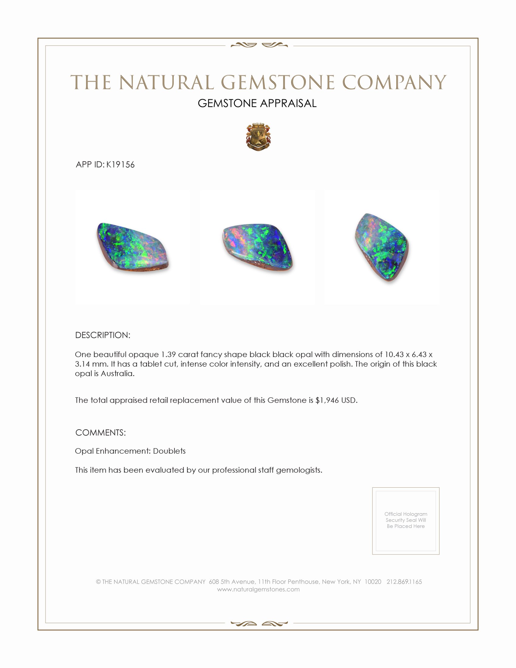 1.39 Ct. Black Opal from Australia