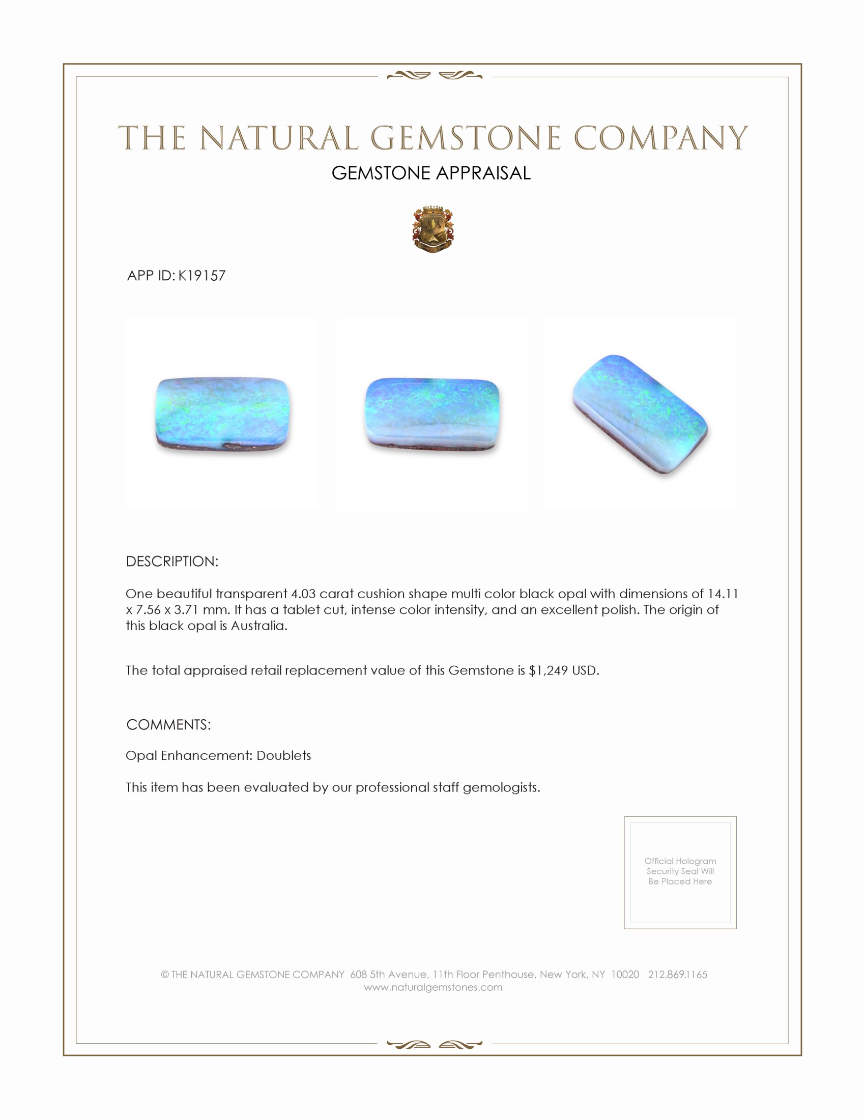 4.03 Ct. Black Opal from Australia