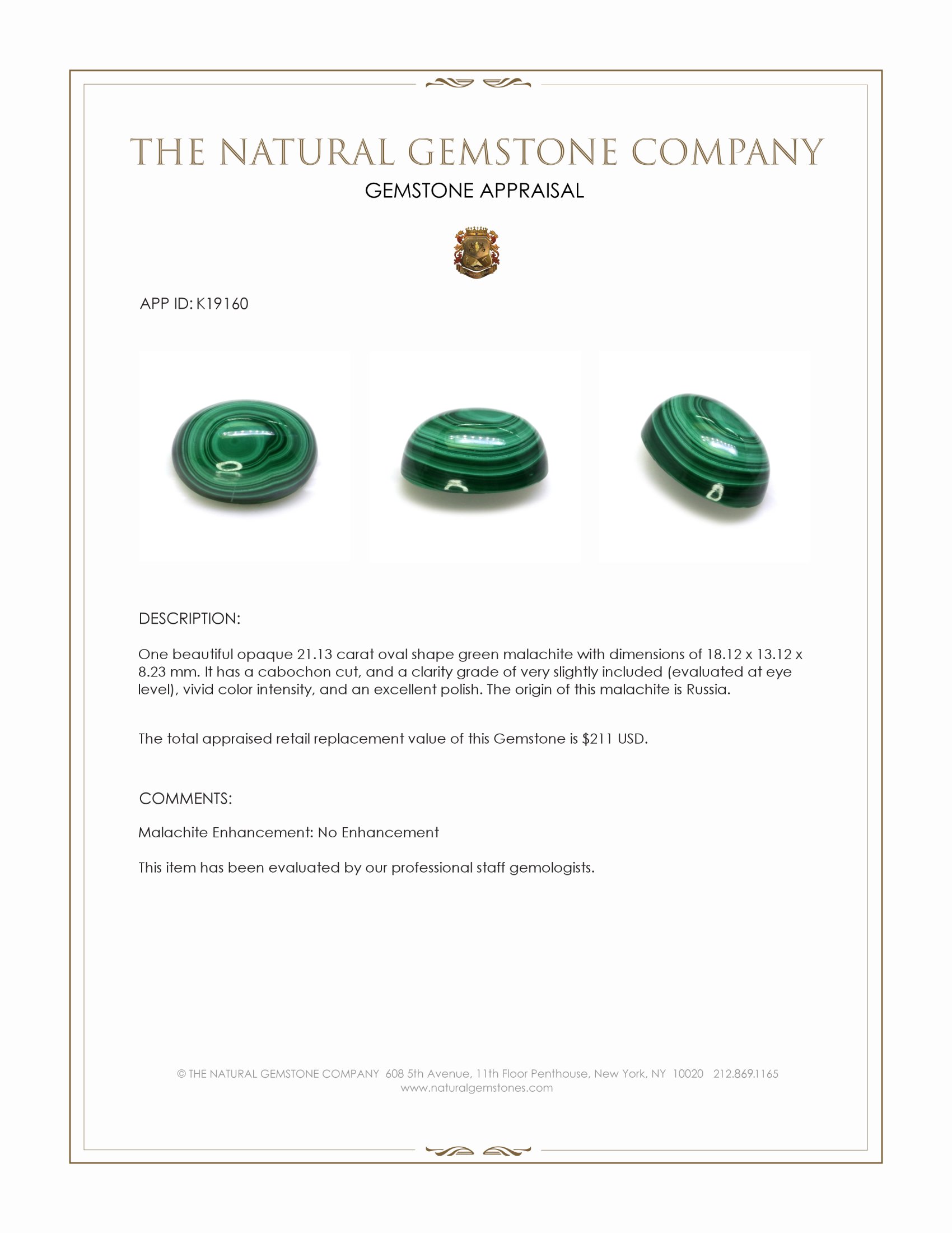 21.13 Ct. Cabochon Malachite from Russia