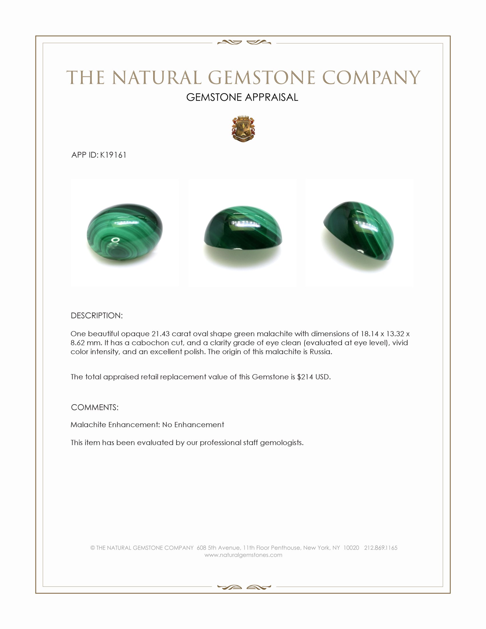 21.43 Ct. Cabochon Malachite from Russia