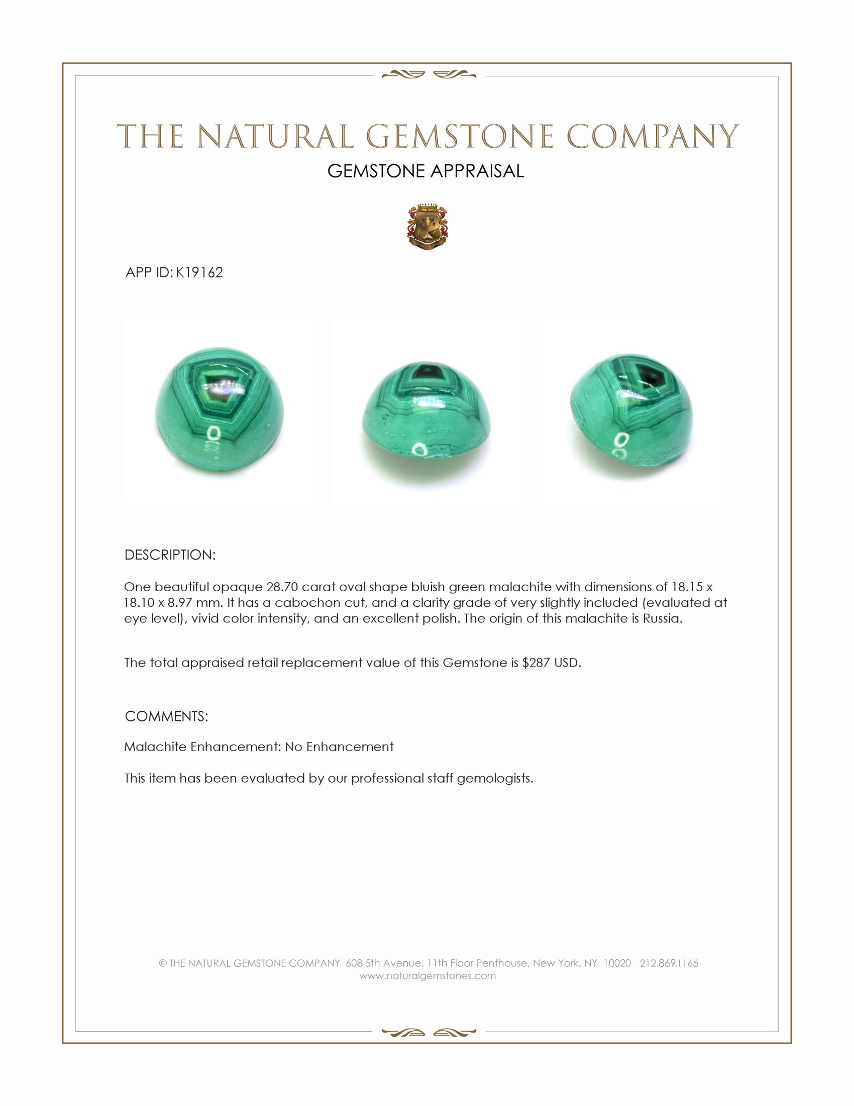 28.70 Ct. Cabochon Malachite from Russia