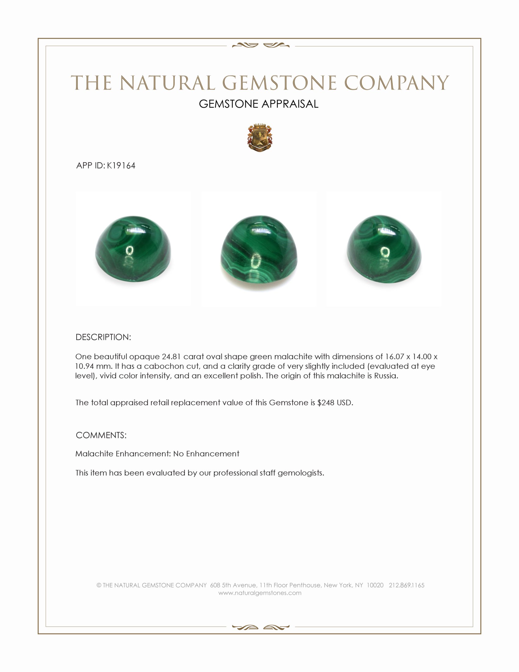 24.81 Ct. Cabochon Malachite from Russia