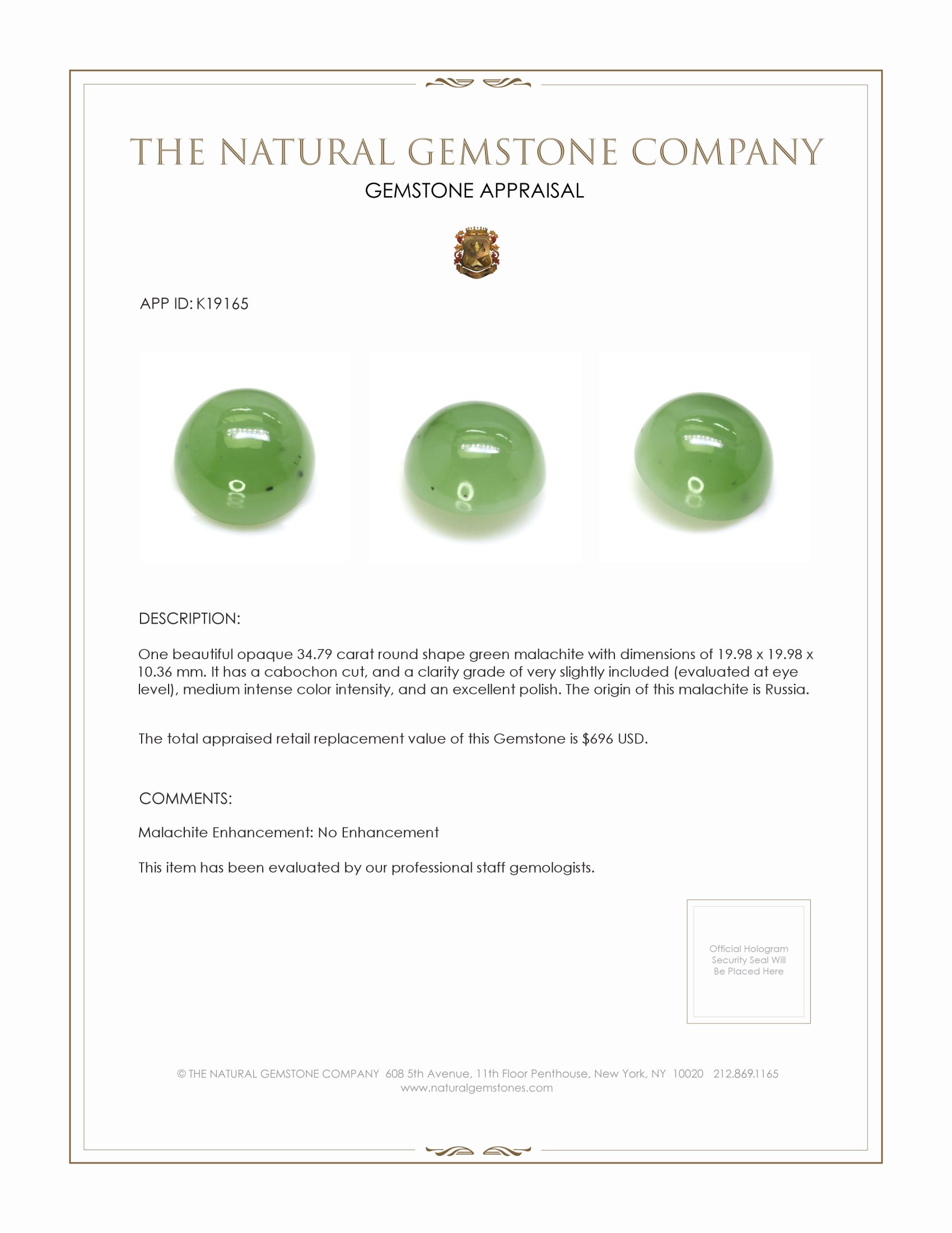 34.79 Ct. Cabochon Malachite from Russia