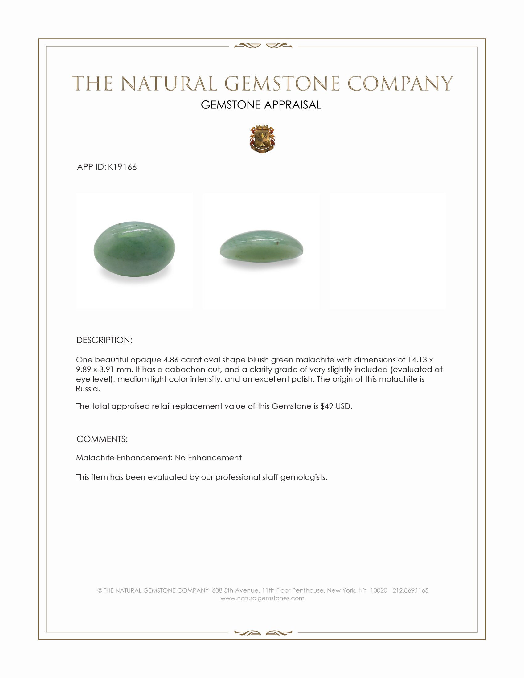 4.86 Ct. Cabochon Malachite from Russia