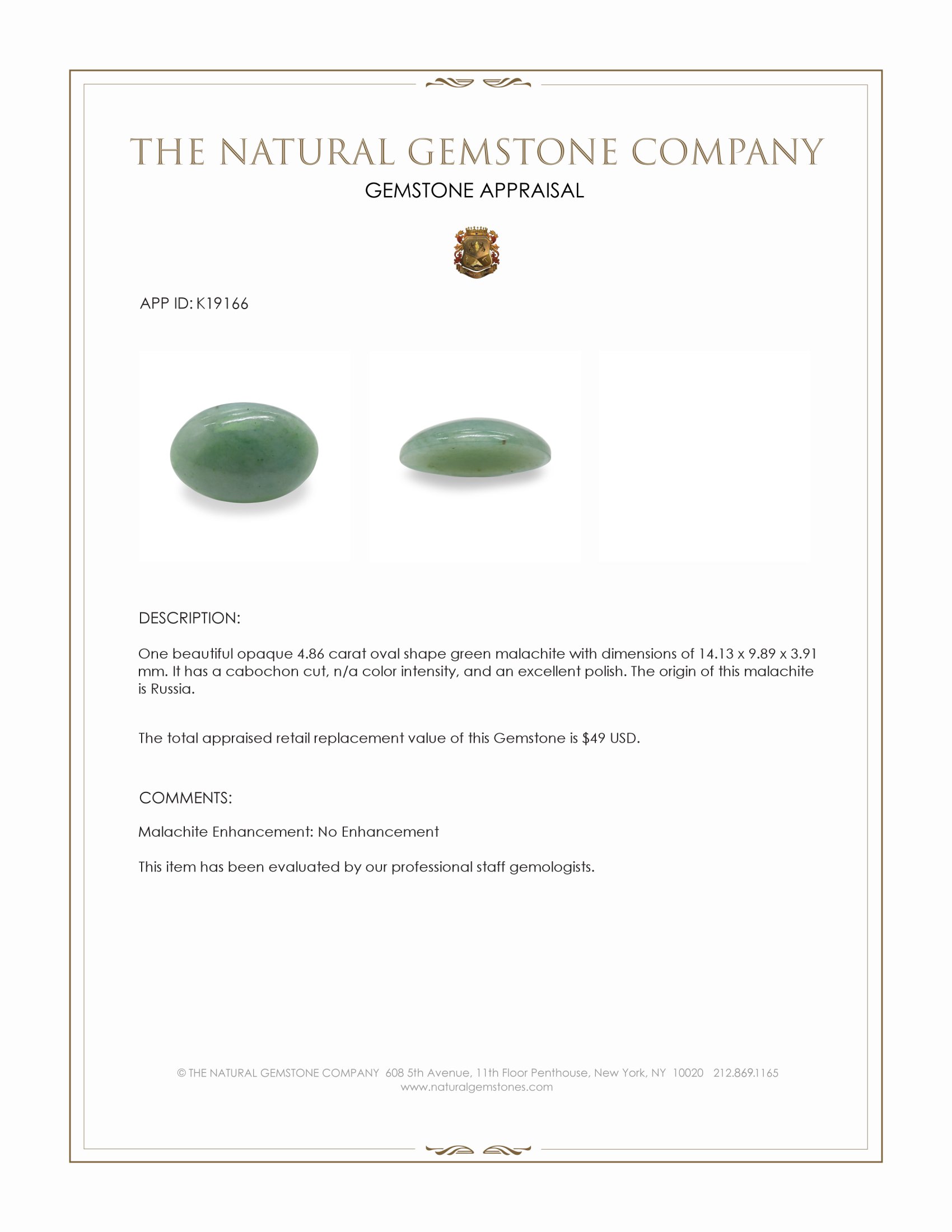 4.86 Ct. Cabochon Malachite from Russia