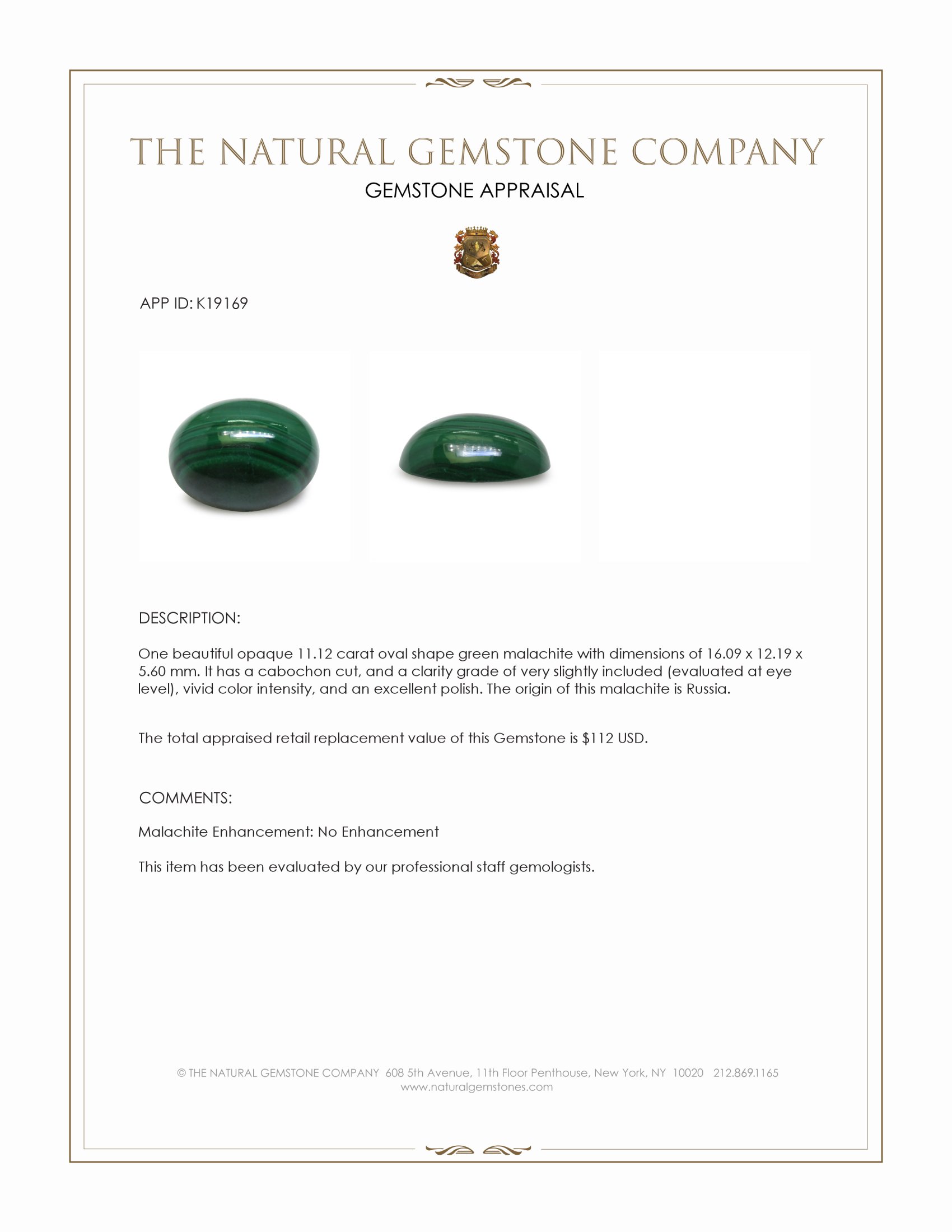 11.12 Ct. Cabochon Malachite from Russia
