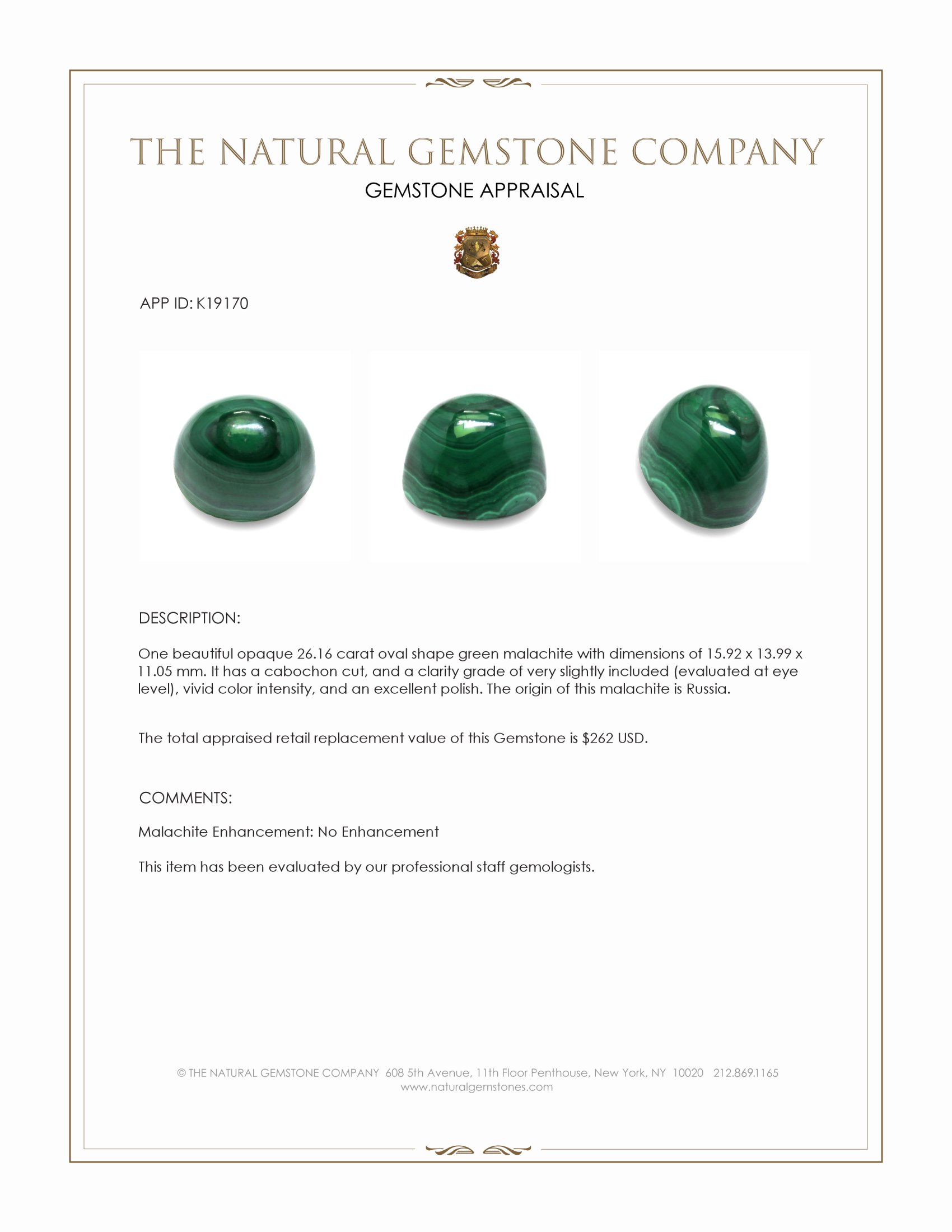 26.16 Ct. Cabochon Malachite from Russia