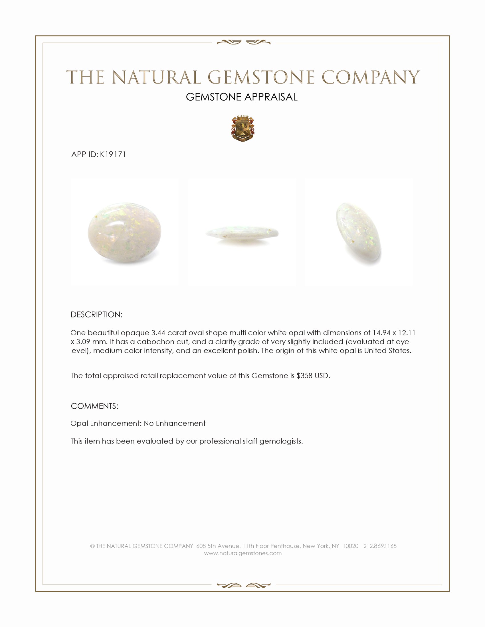 3.44 Ct. Cabochon White Opal from United States