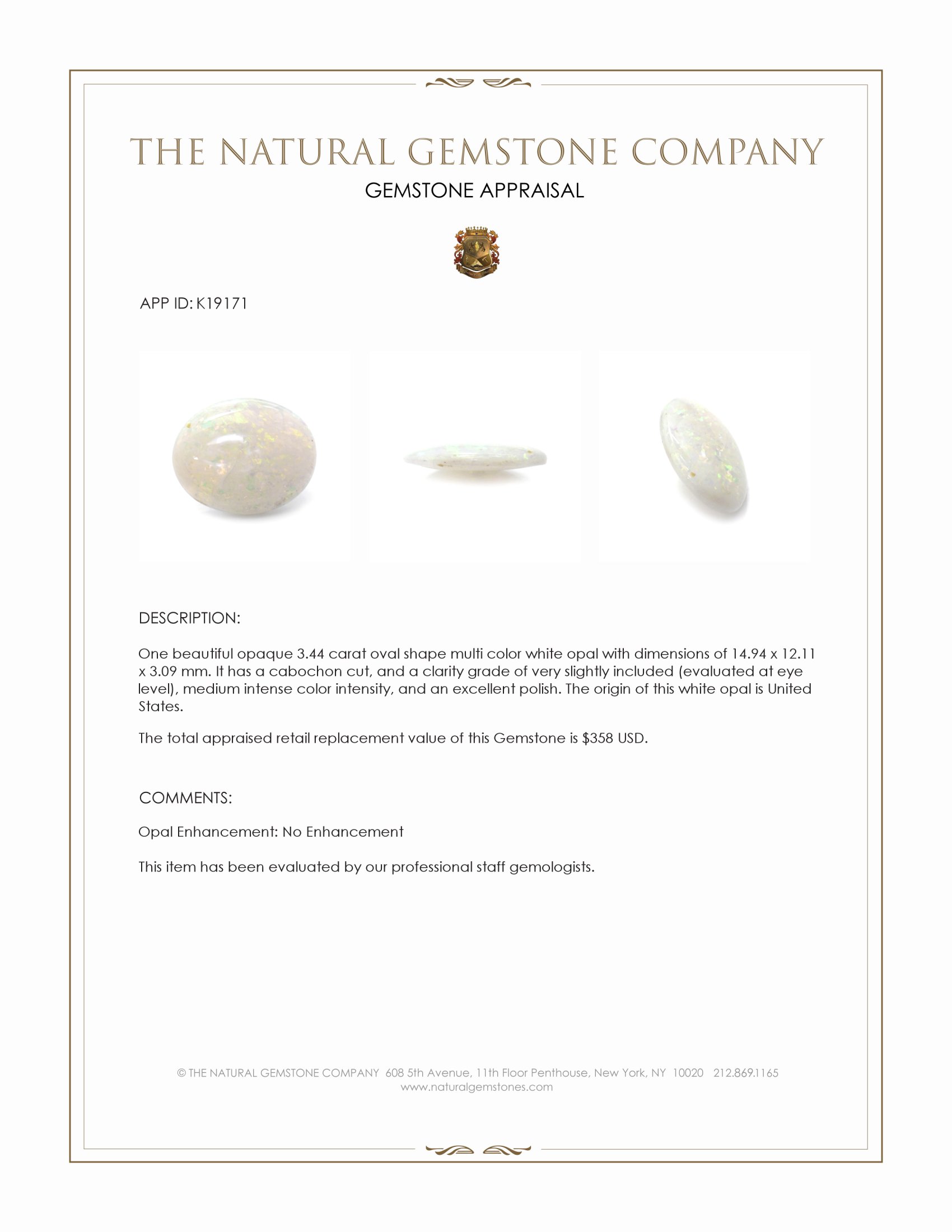 3.44 Ct. Cabochon White Opal from United States