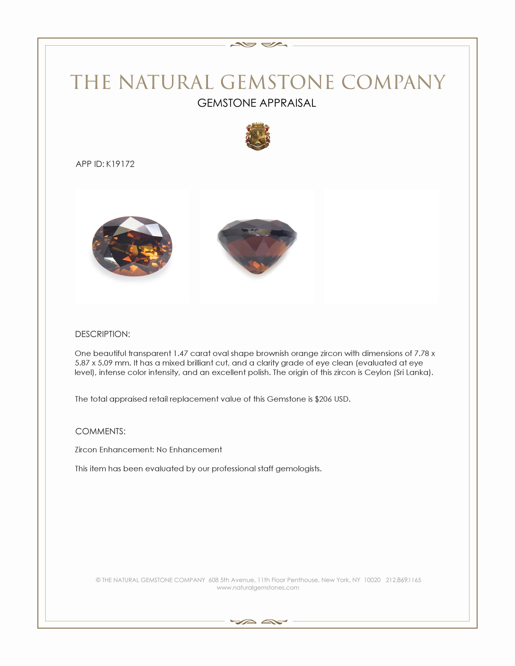 1.47 Ct. Brownish Orange Zircon from Ceylon (Sri Lanka)