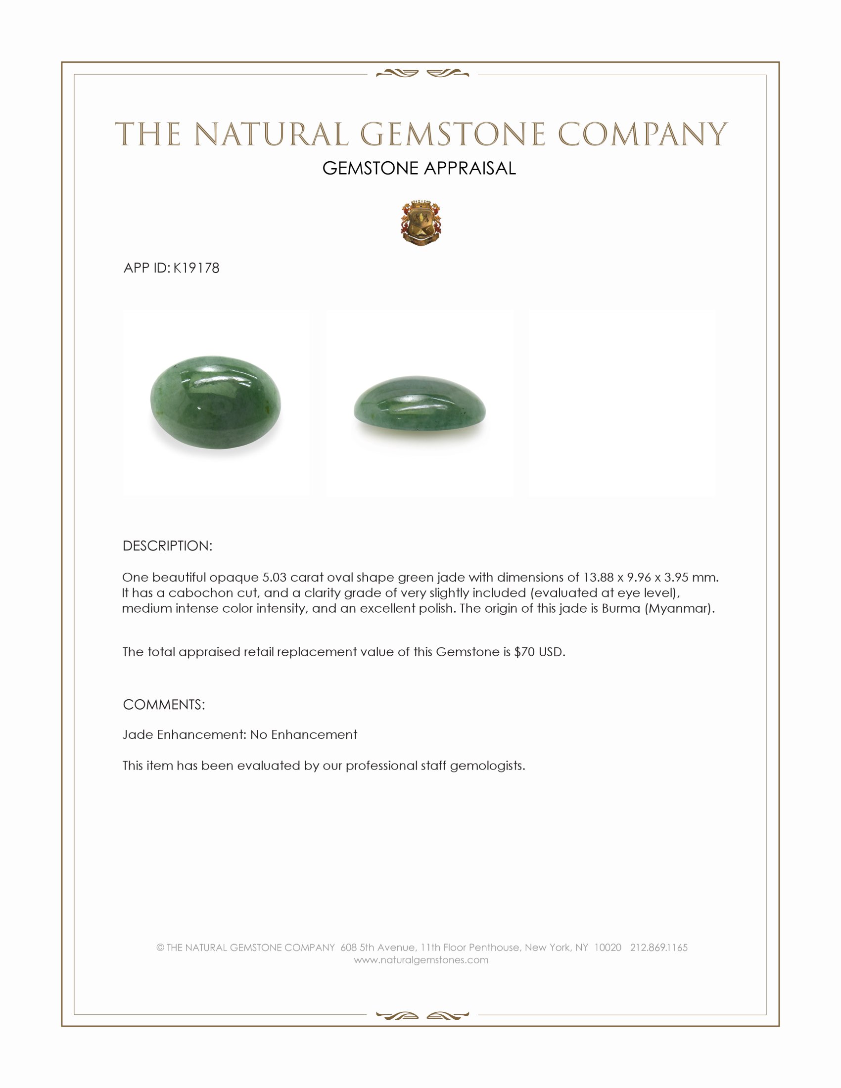 5.03 Ct. Cabochon Jade from Burma (Myanmar)