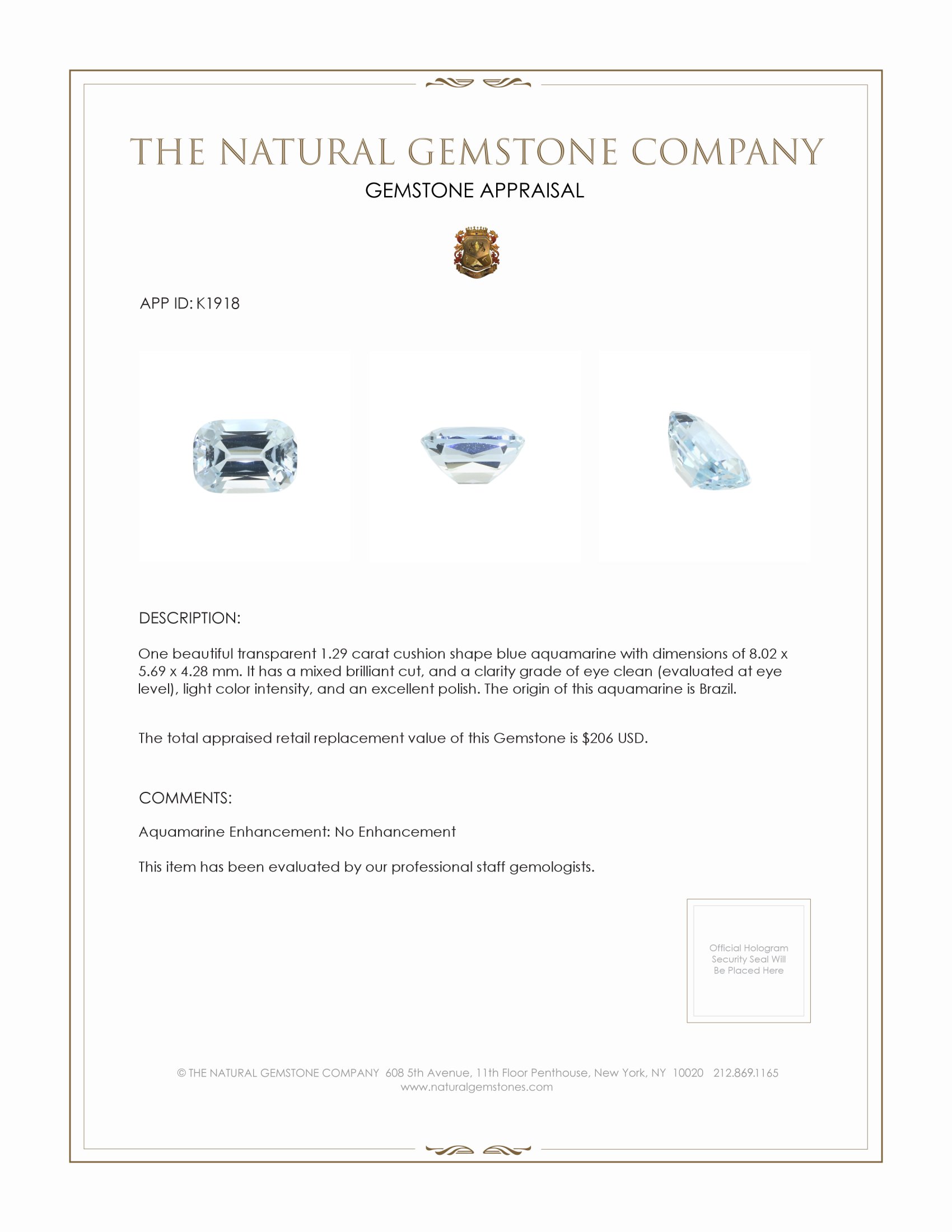 1.29 Ct. Aquamarine from Brazil