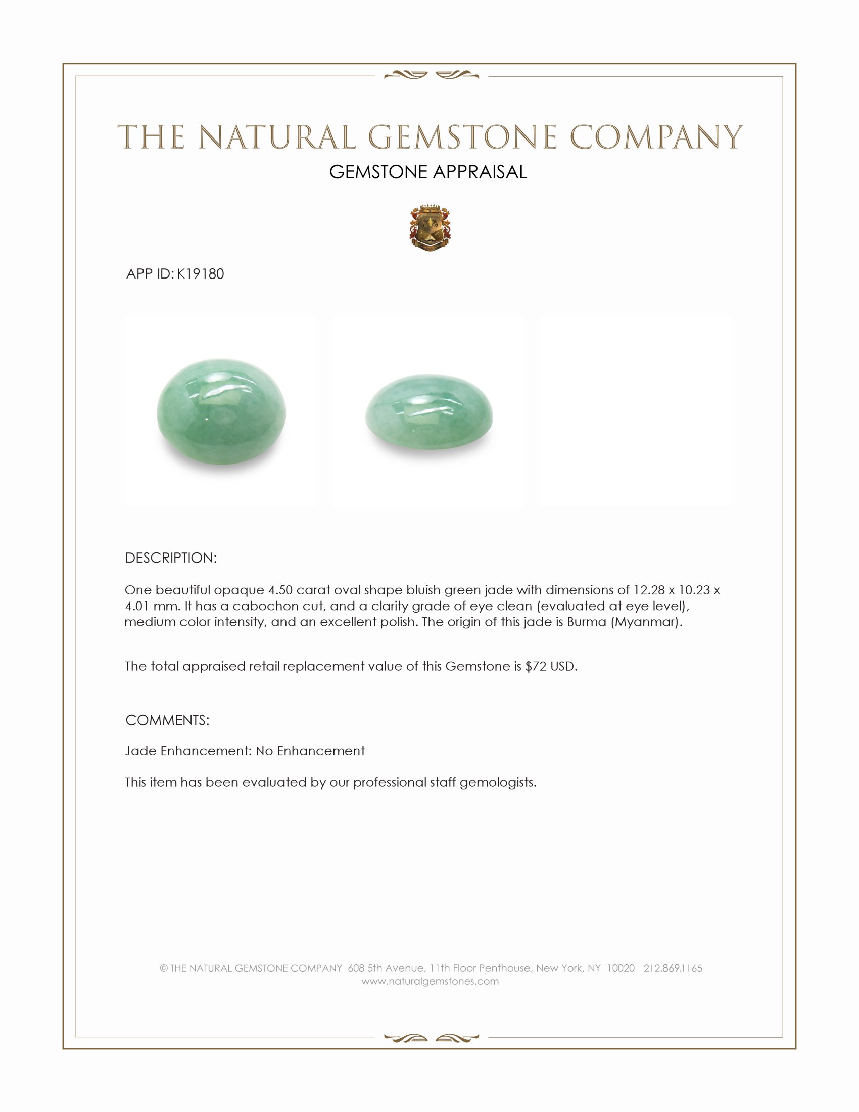 4.50 Ct. Cabochon Jade from Burma (Myanmar)