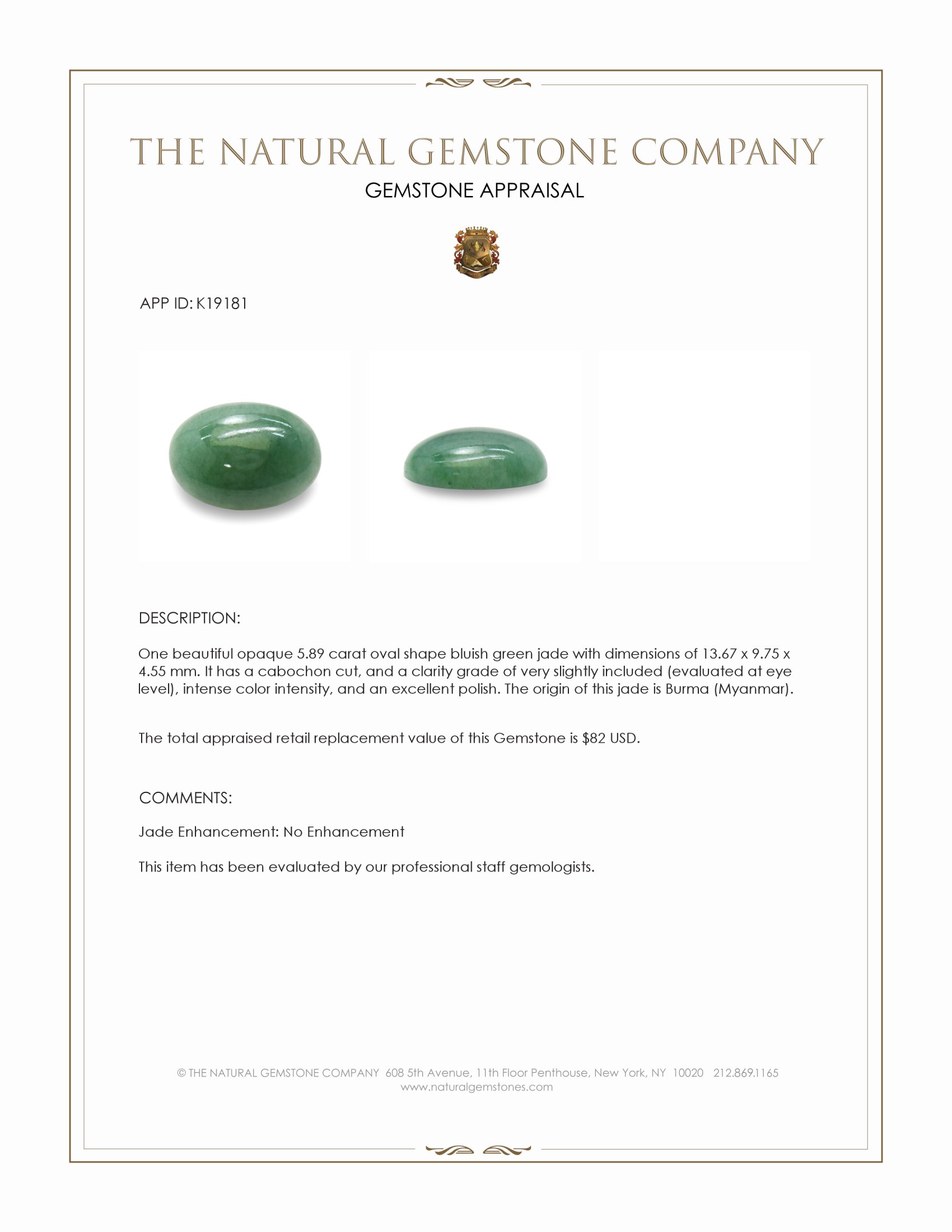 5.89 Ct. Bluish Green Cabochon Jade from Burma (Myanmar)