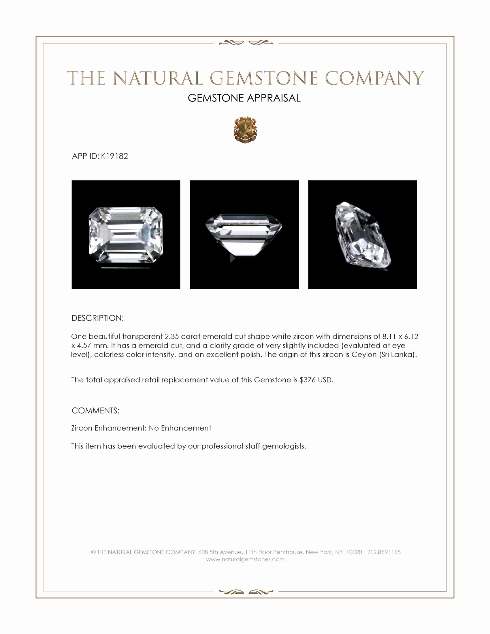 2.35 Ct. White Zircon from Ceylon (Sri Lanka)