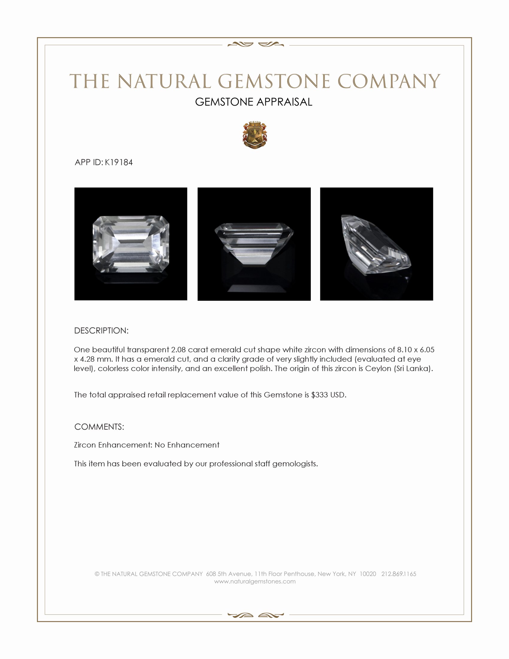 2.08 Ct. White Zircon from Ceylon (Sri Lanka)