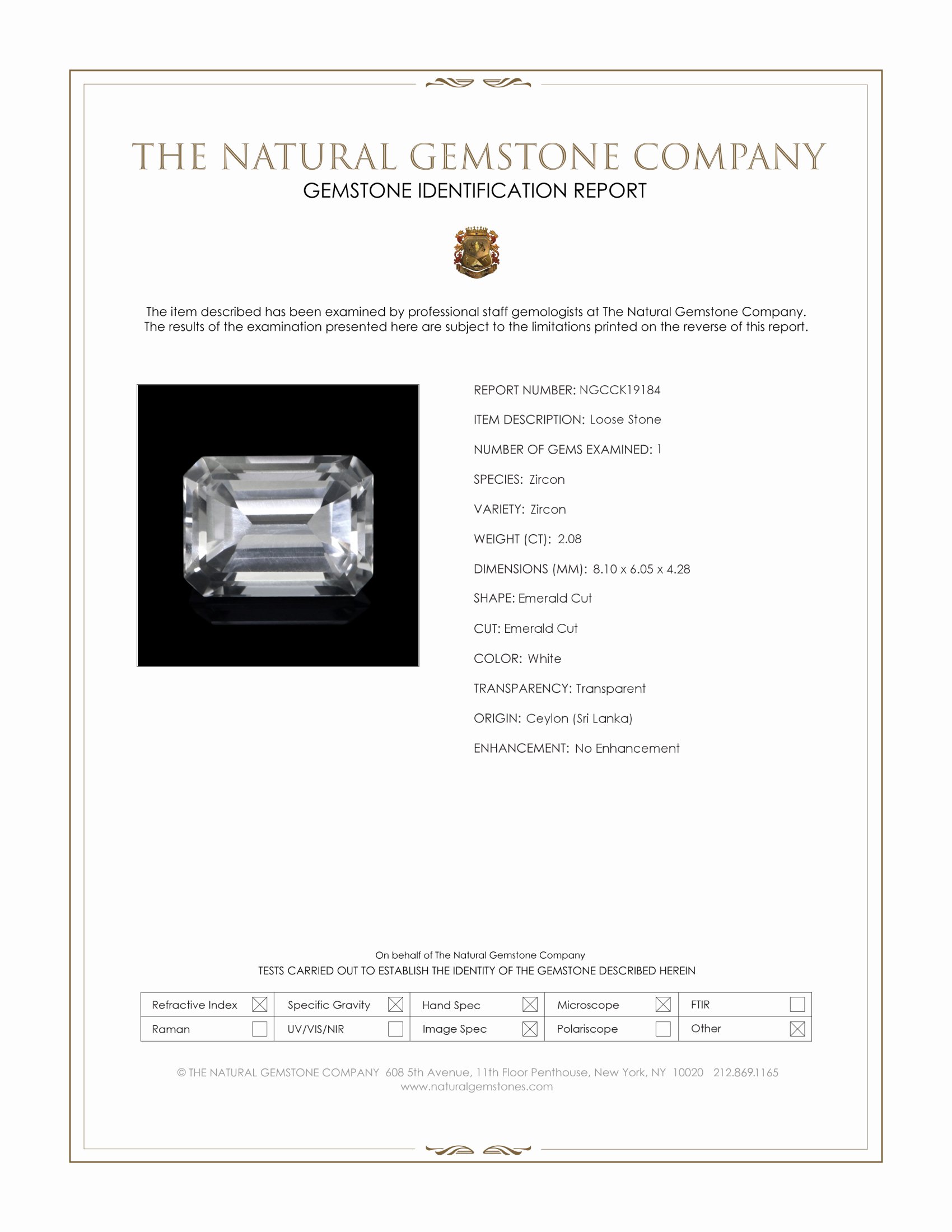 2.08 Ct. White Zircon from Ceylon (Sri Lanka)