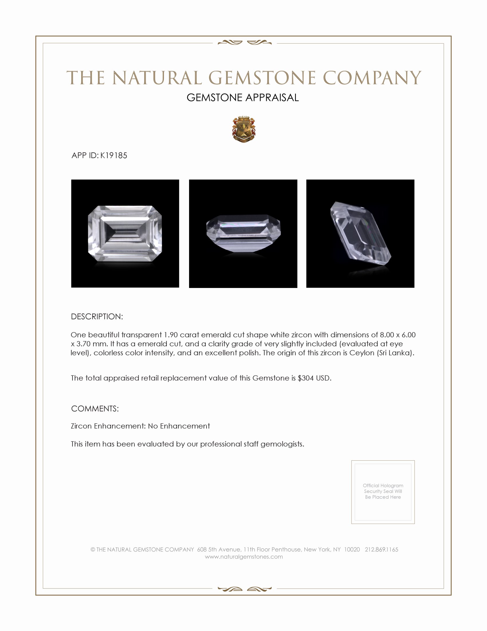 1.90 Ct. White Zircon from Ceylon (Sri Lanka)