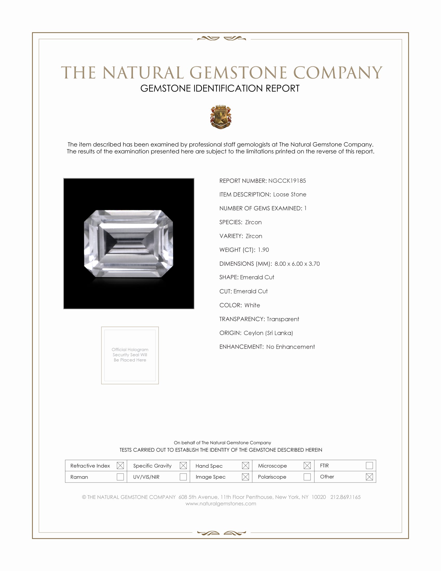 1.90 Ct. White Zircon from Ceylon (Sri Lanka)