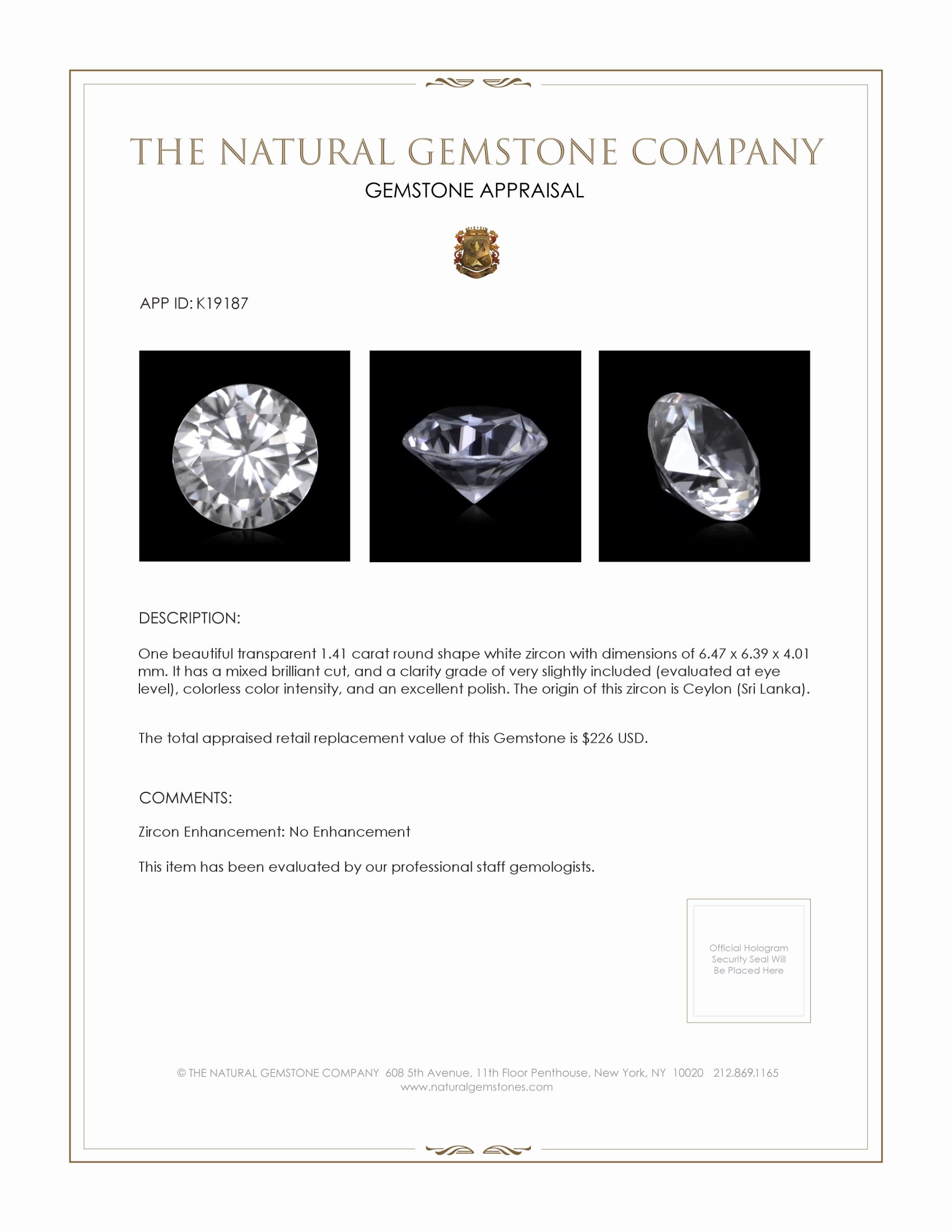1.41 Ct. White Zircon from Ceylon (Sri Lanka)