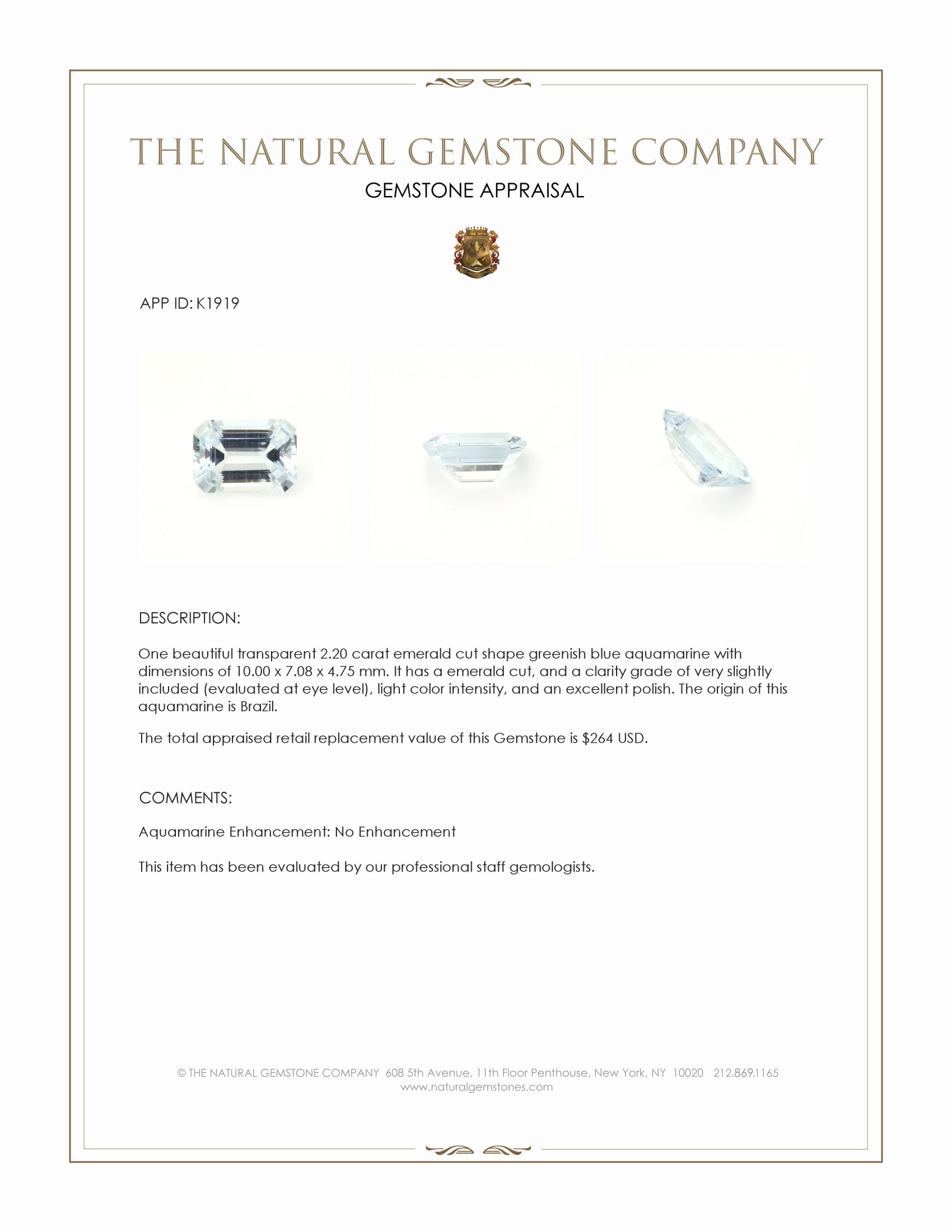 2.20 Ct. Greenish Blue Aquamarine from Brazil