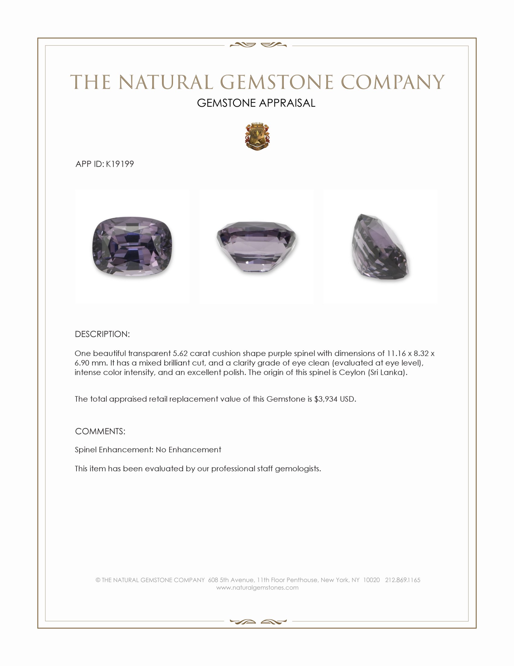 5.62 Ct. Purple Spinel from Ceylon (Sri Lanka)