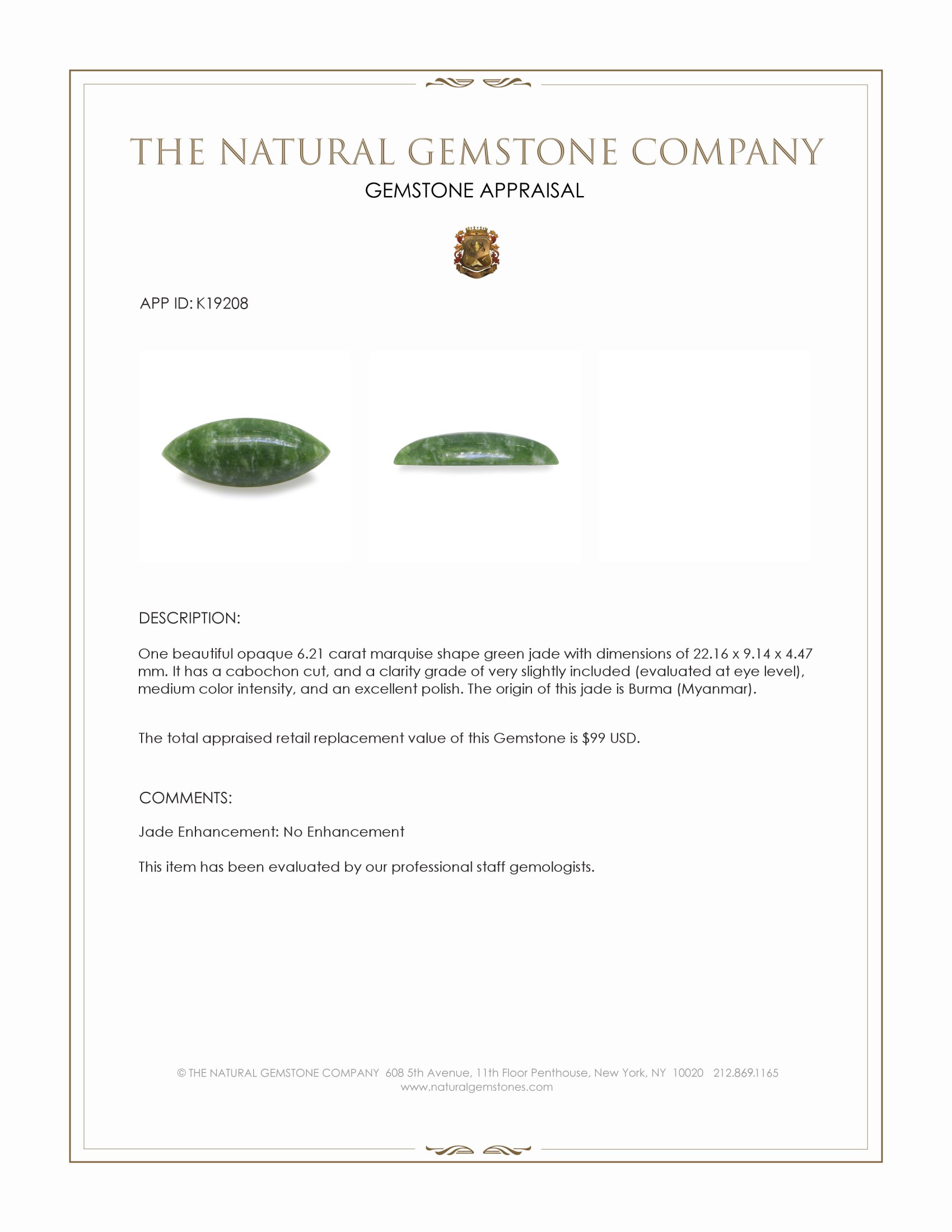 6.21 Ct. Green Cabochon Jade from Burma (Myanmar)