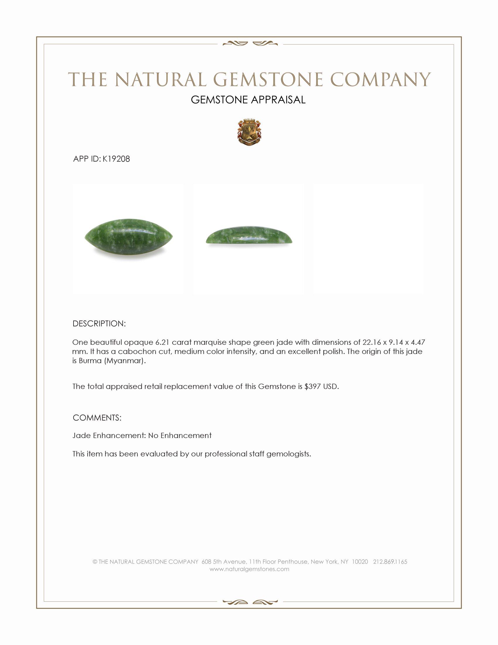 6.21 Ct. Green Cabochon Jade from Burma (Myanmar)