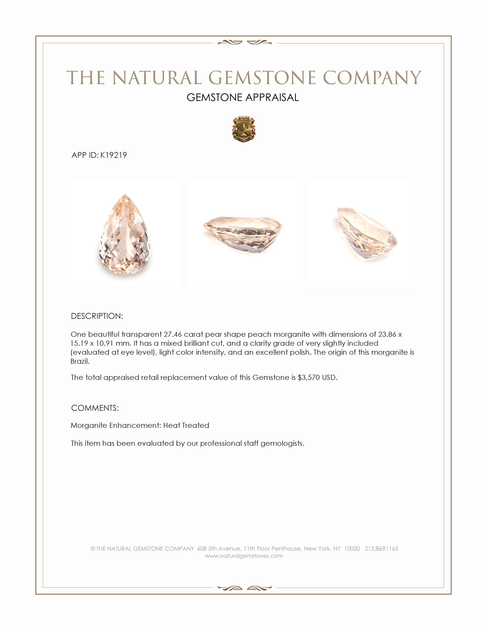 27.46 Ct. Morganite from Brazil