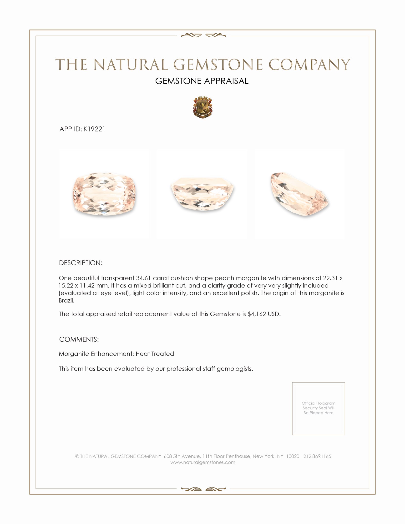 34.61 Ct. Morganite from Brazil