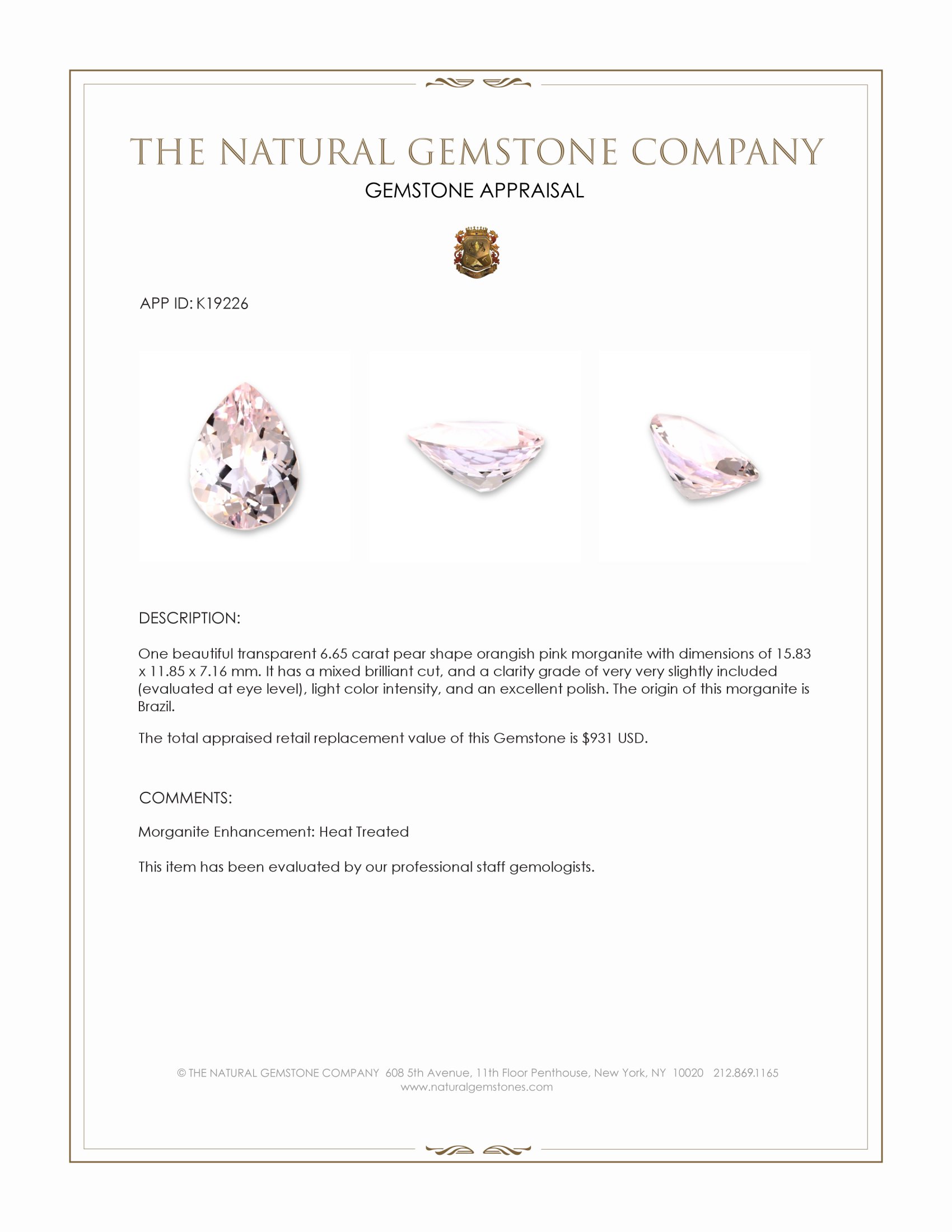 6.65 Ct. Morganite from Brazil