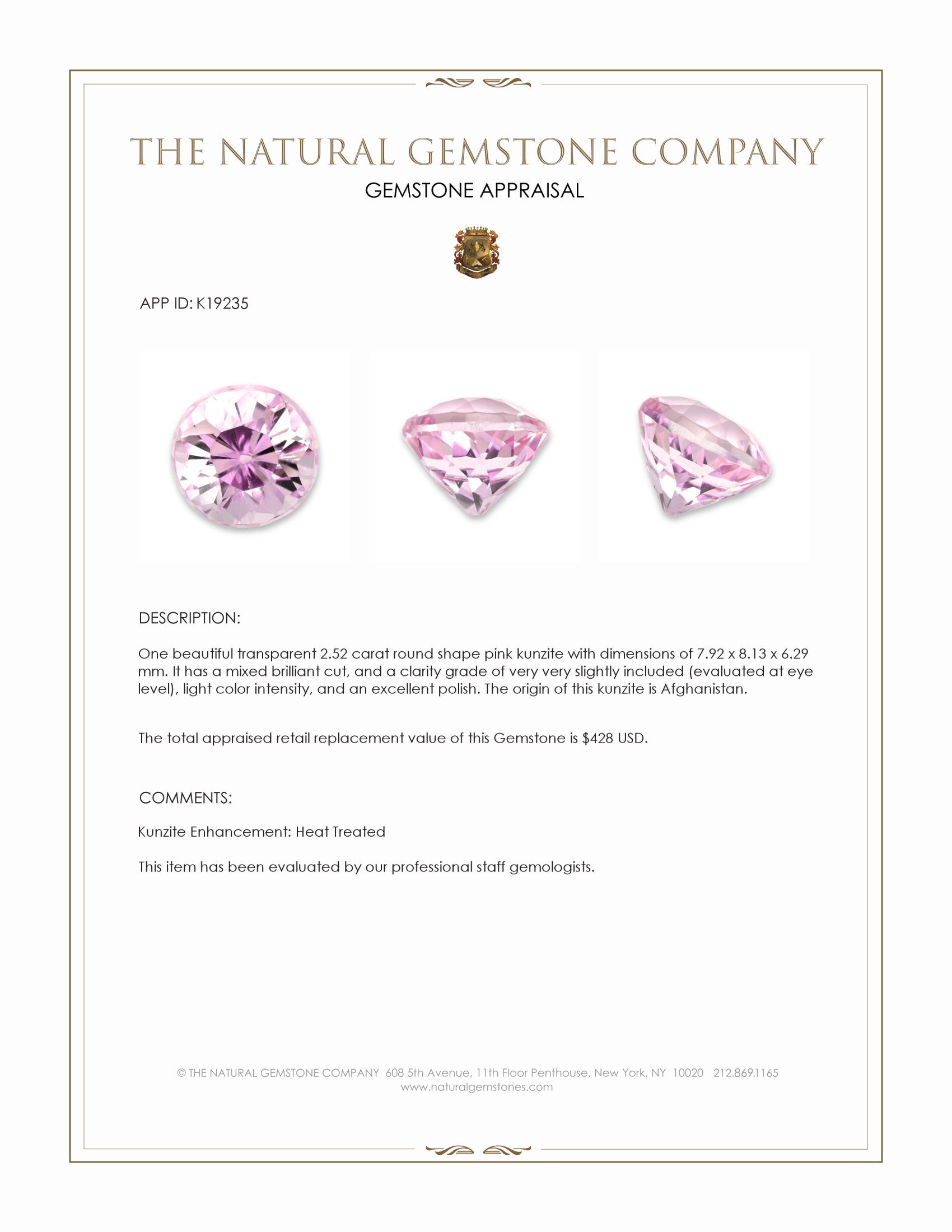 2.52 Ct. Pink Kunzite from Afghanistan