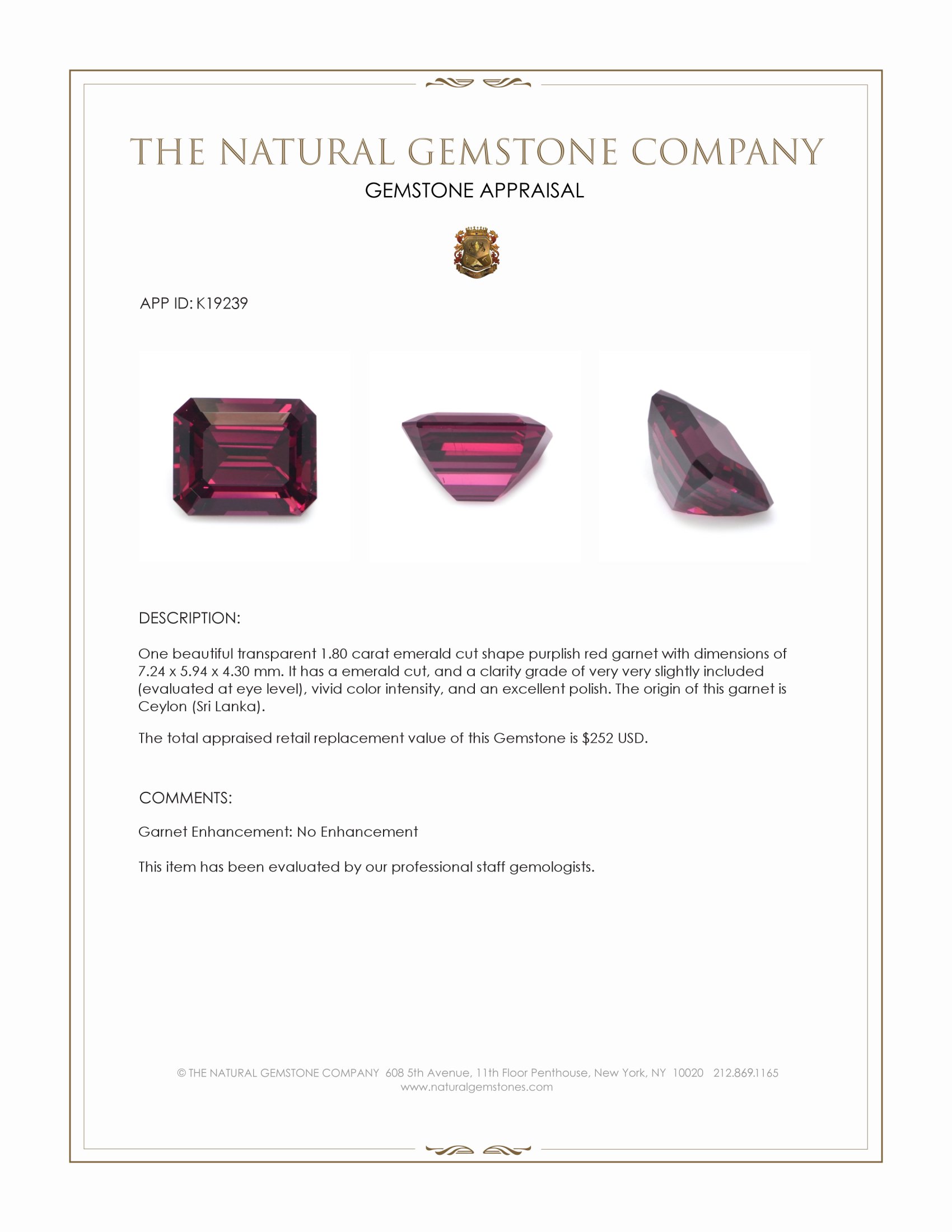 1.80 Ct. Garnet from Ceylon (Sri Lanka)