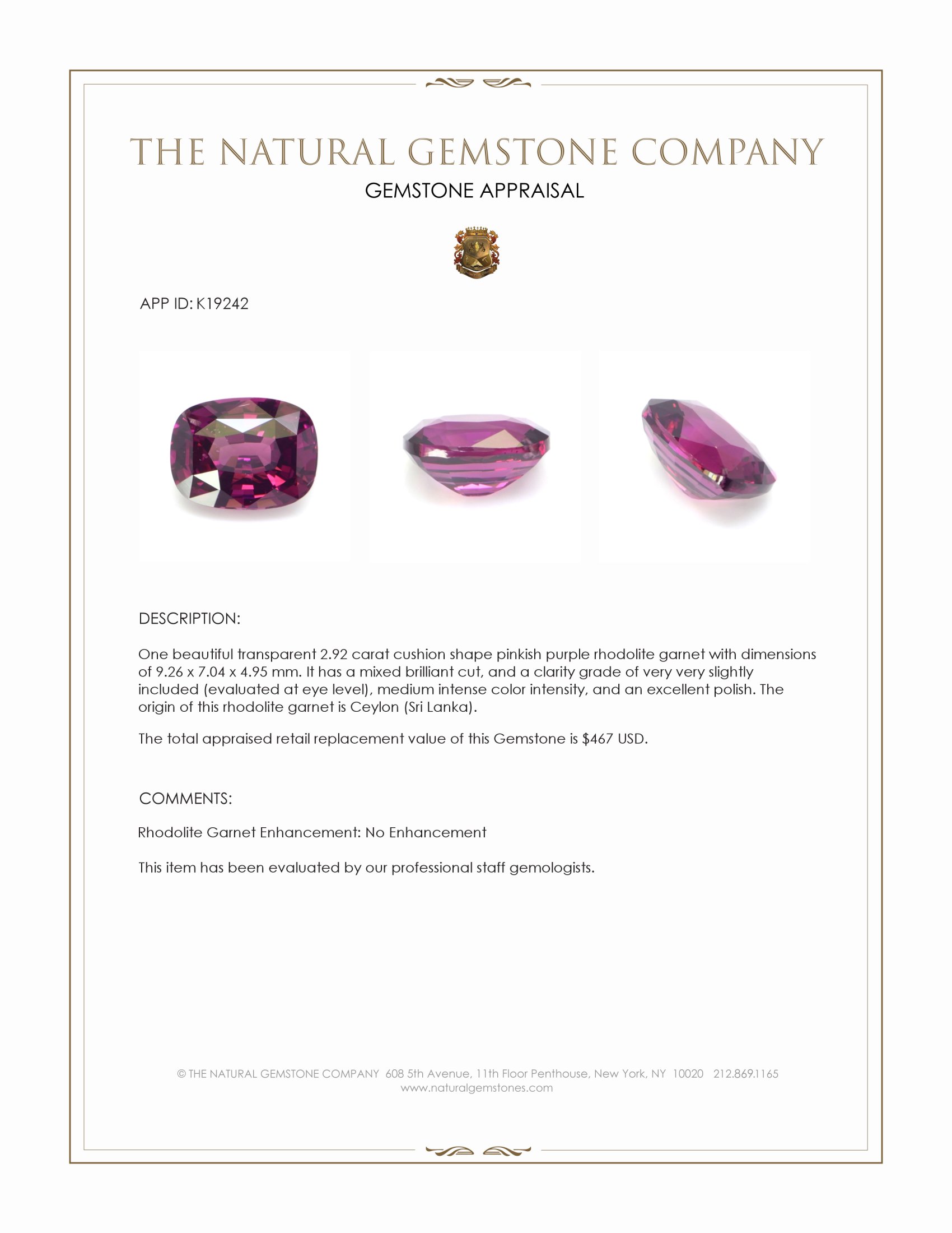 2.92 Ct. Rhodolite Garnet from Ceylon (Sri Lanka)