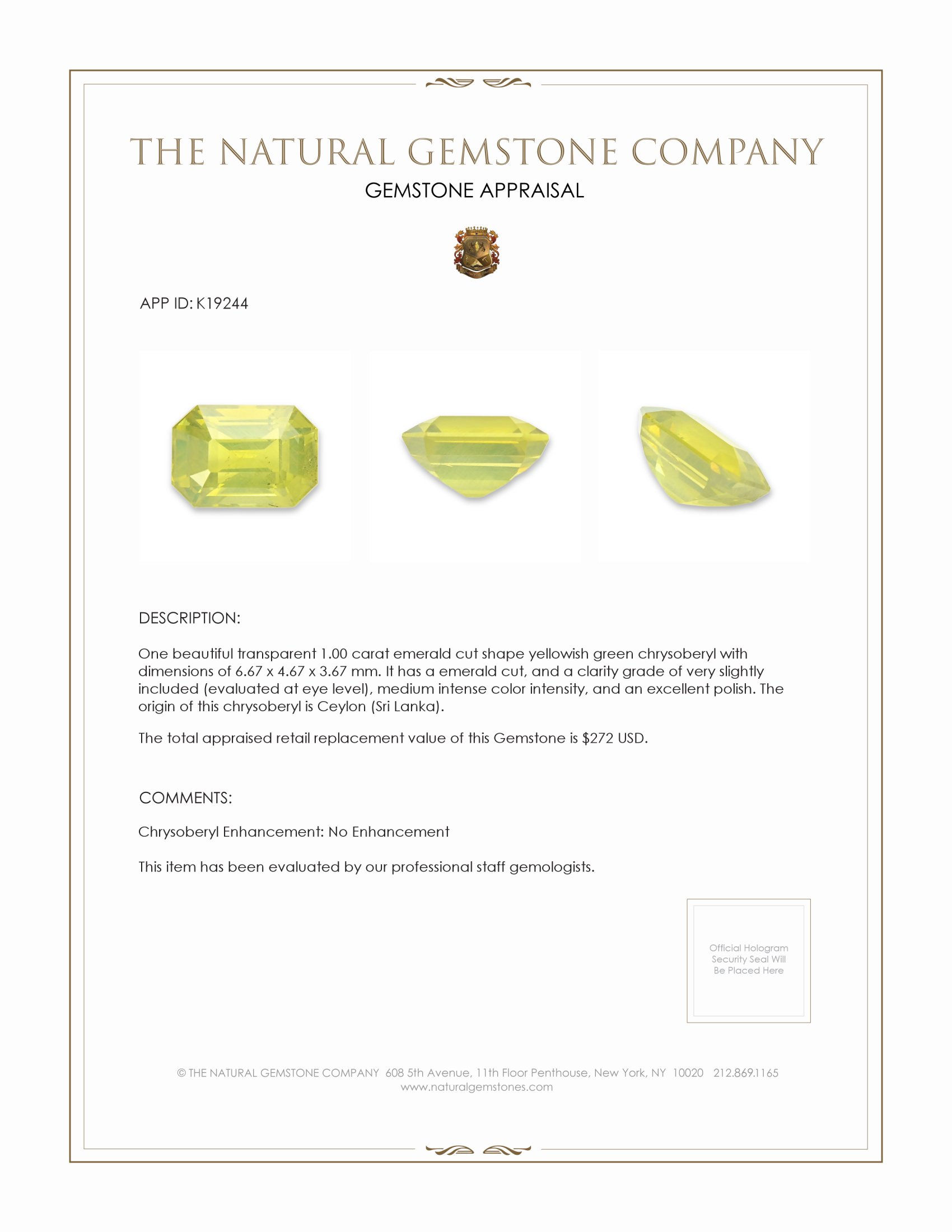 1.00 Ct. Chrysoberyl from Ceylon (Sri Lanka)